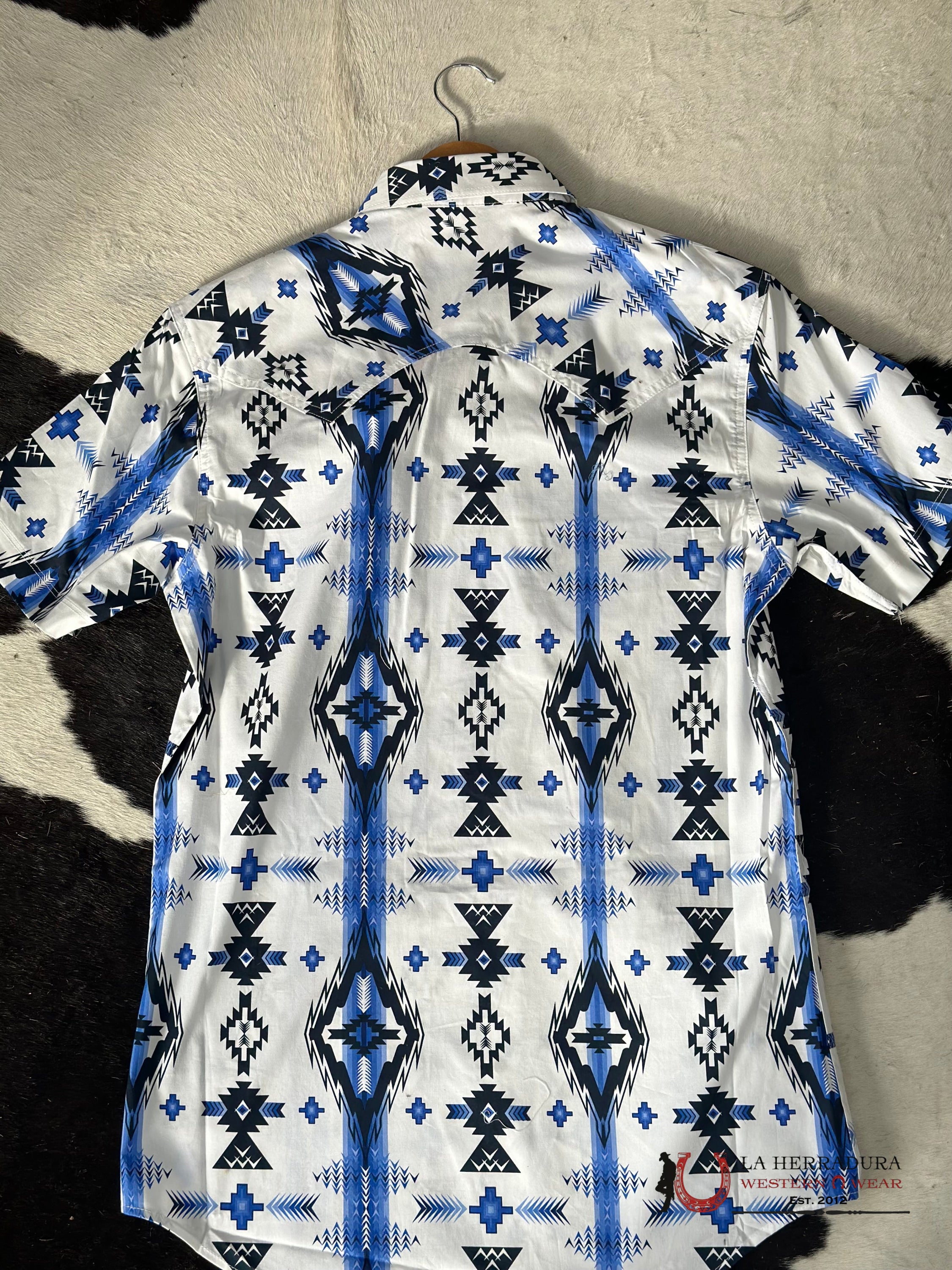 Rock&Roll Aztec Snap White Blue Short Sleeve Shirt 3930 Ropa Hombres