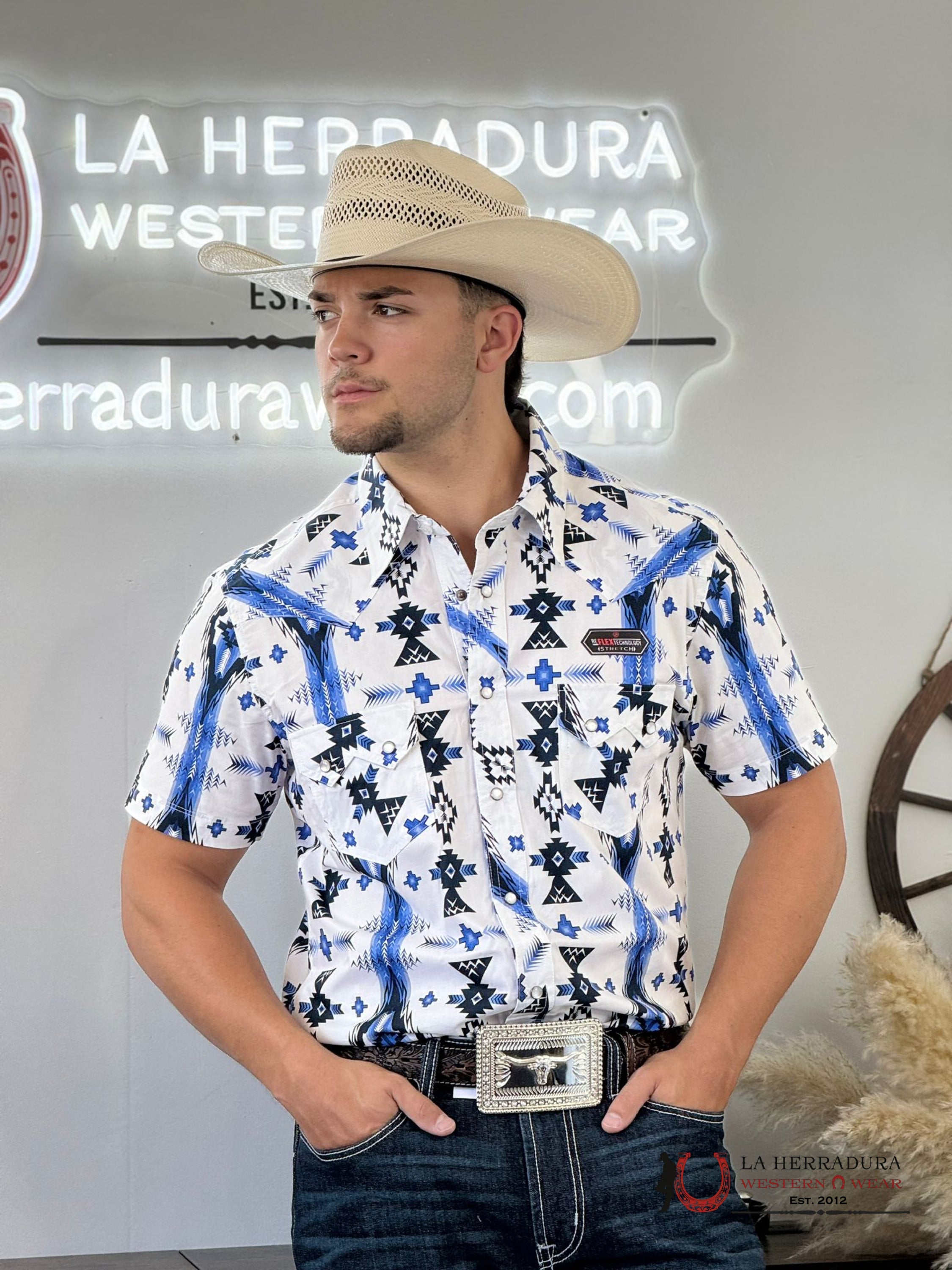 Rock&Roll Aztec Snap White Blue Short Sleeve Shirt 3930 Ropa Hombres