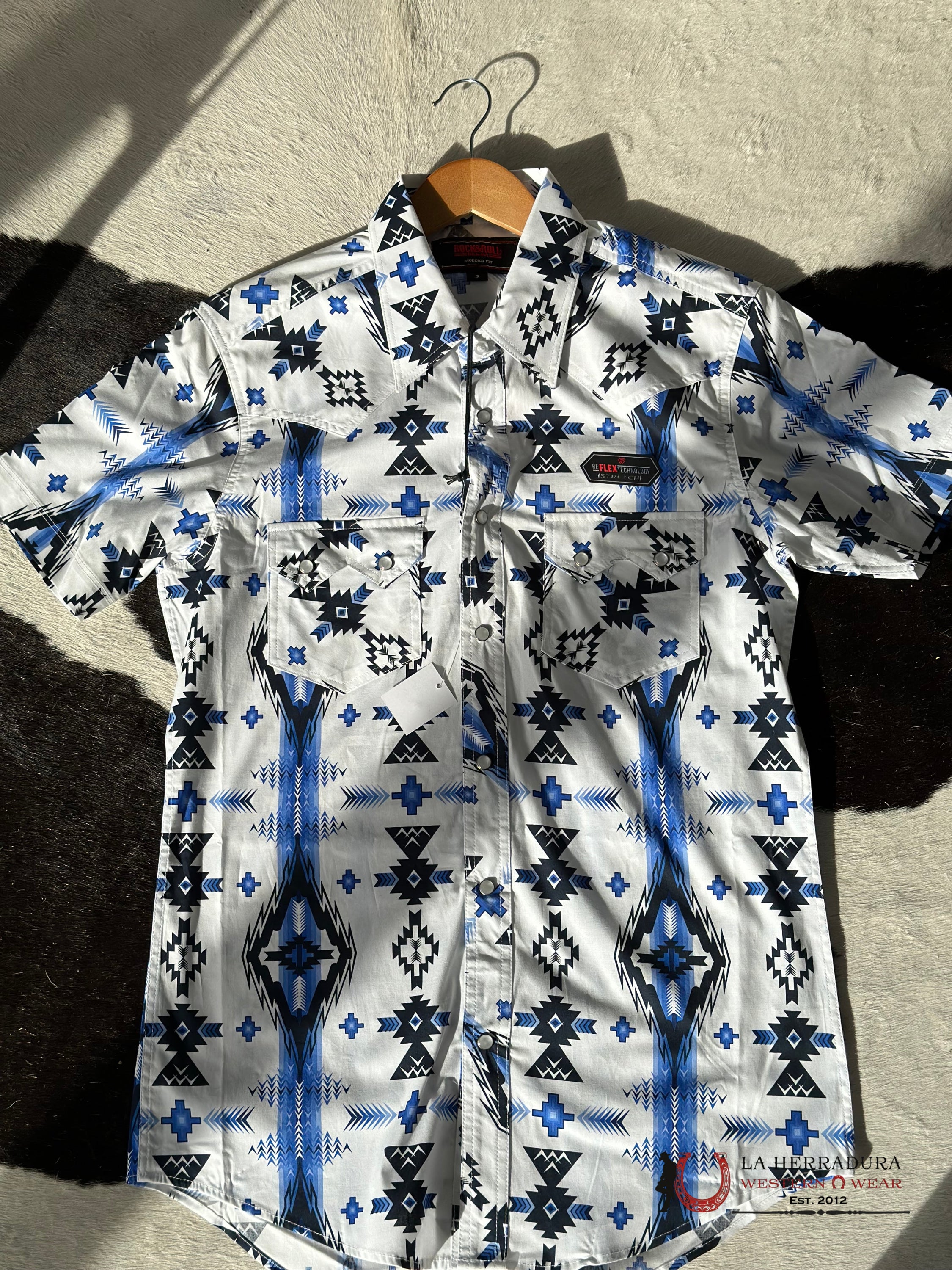 Rock&Roll Aztec Snap White Blue Short Sleeve Shirt 3930 Ropa Hombres