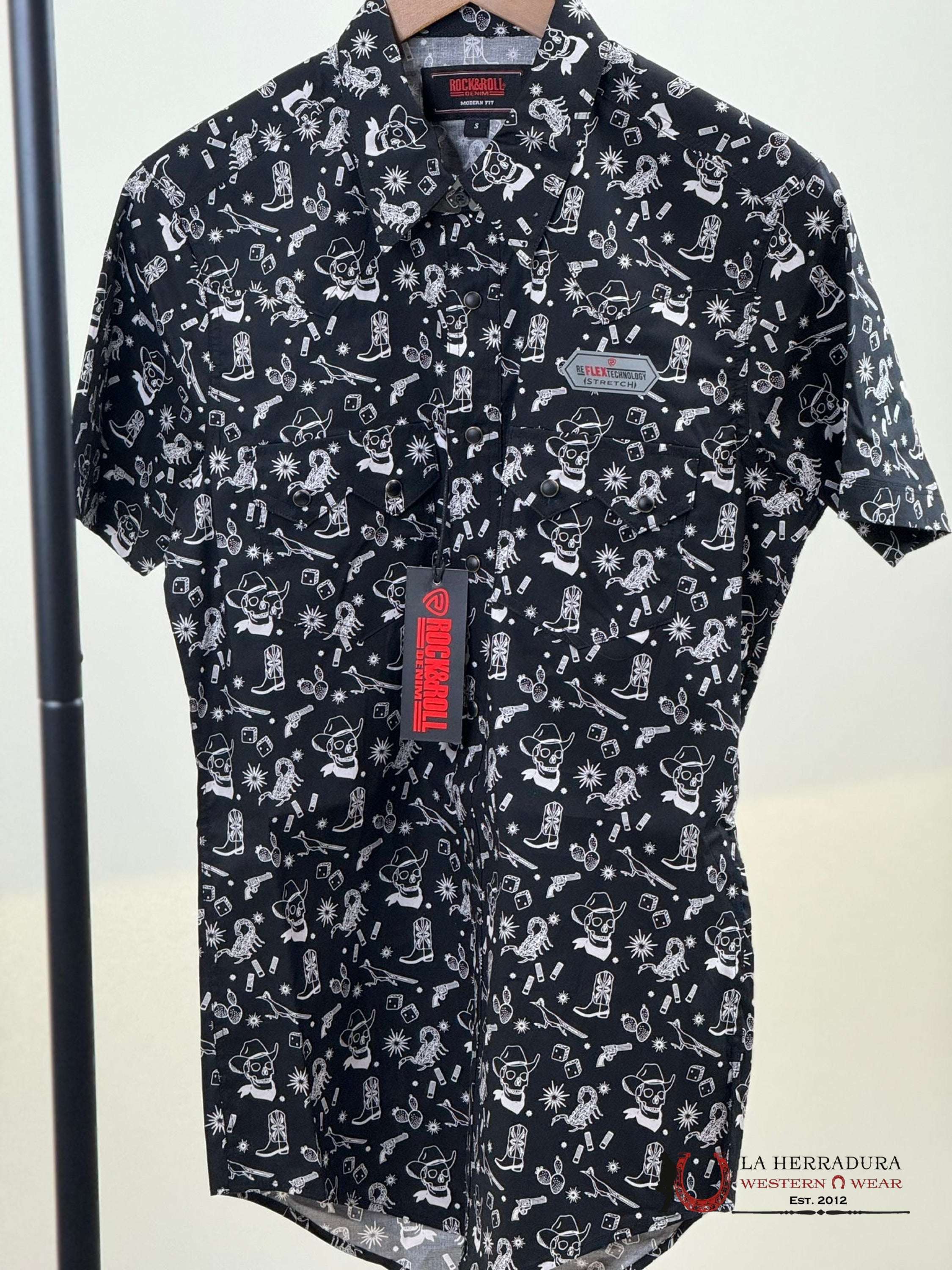 Rock&Roll Black 2Pkt Tattoo Snap Short Sleeve Shirt Ropa Hombres
