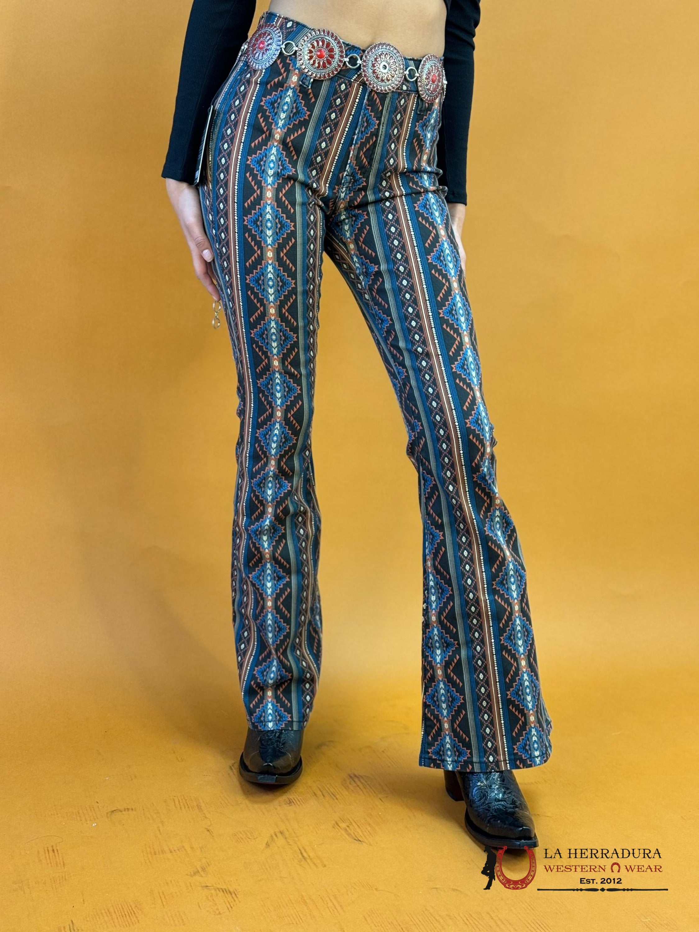 Rock&Roll Black & Orange Red Button Flare - 6104 Jeans Women