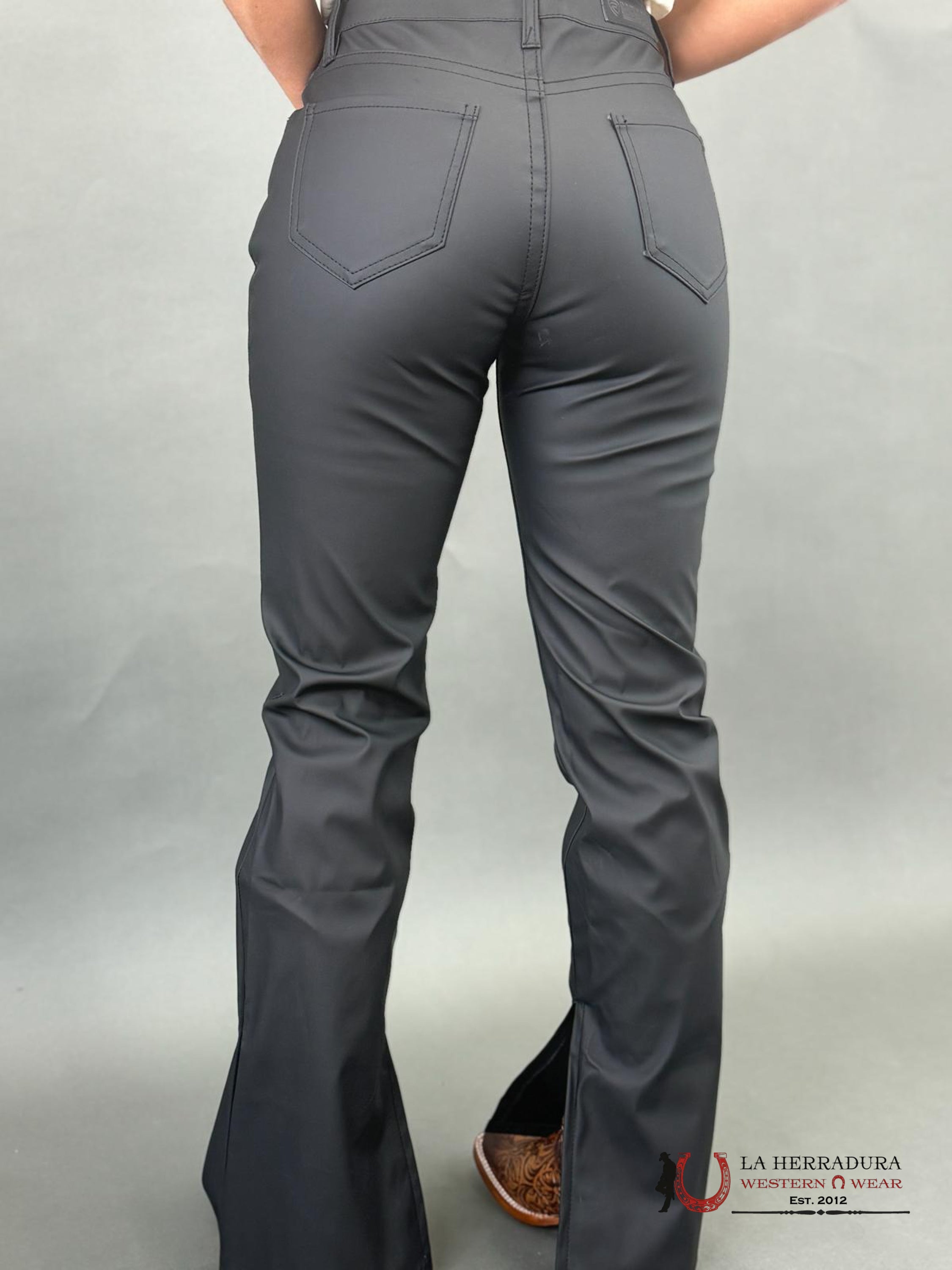 Rock&Roll Black Pleather High Rise Boot Cut Slit -2385 Jeans Women