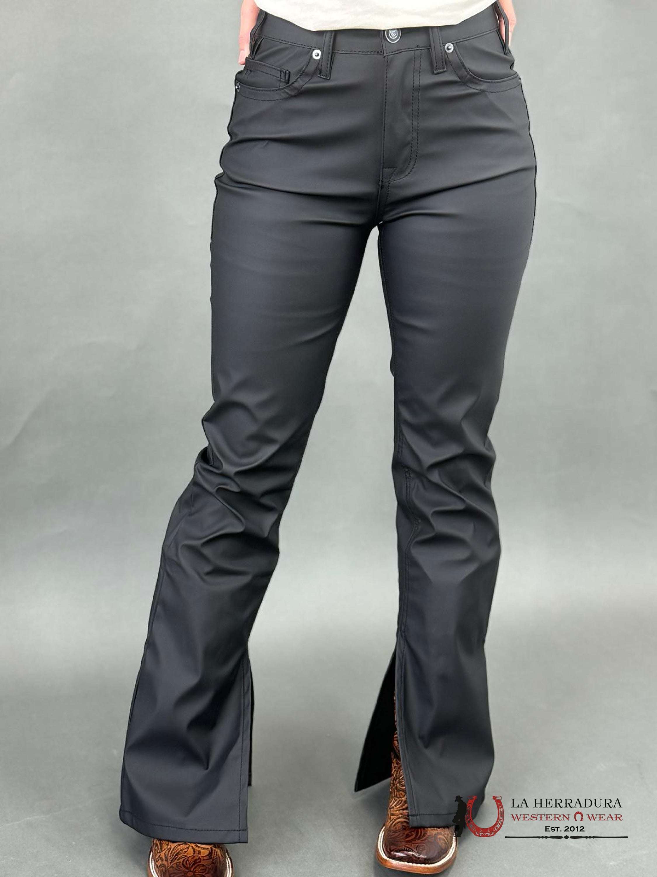 Rock&Roll Black Pleather High Rise Boot Cut Slit -2385 Jeans Women