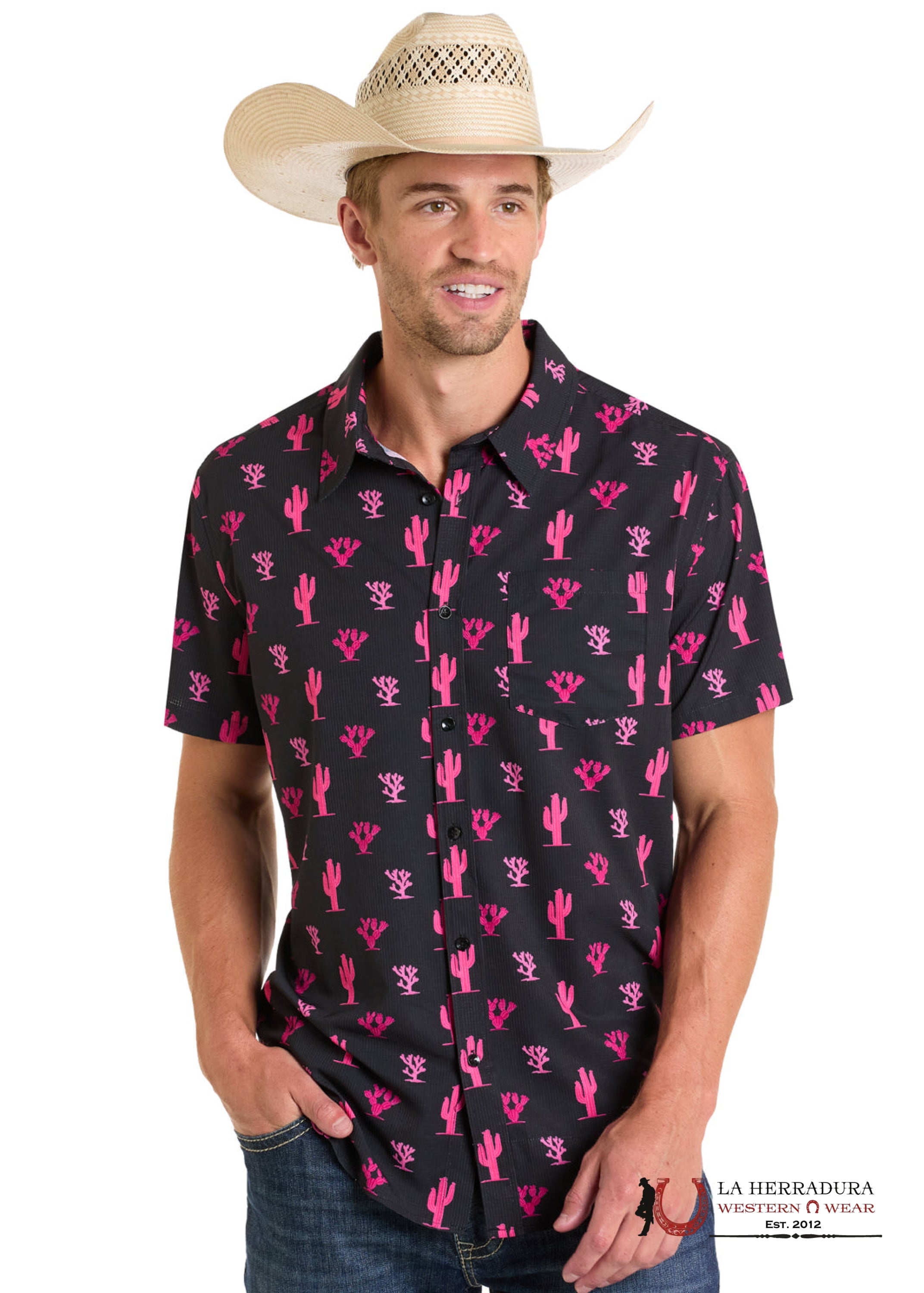 Rock&Roll Black Short Sleeve With Cactus Print Shirt - 6441 ROPA HOMBRES