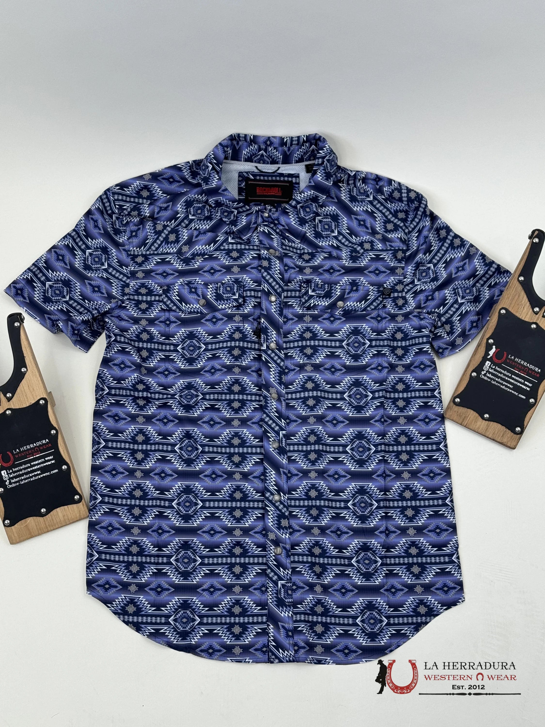 Rock&Roll Blue Aztec Snap Short Sleeve 4802 Ropa Hombres