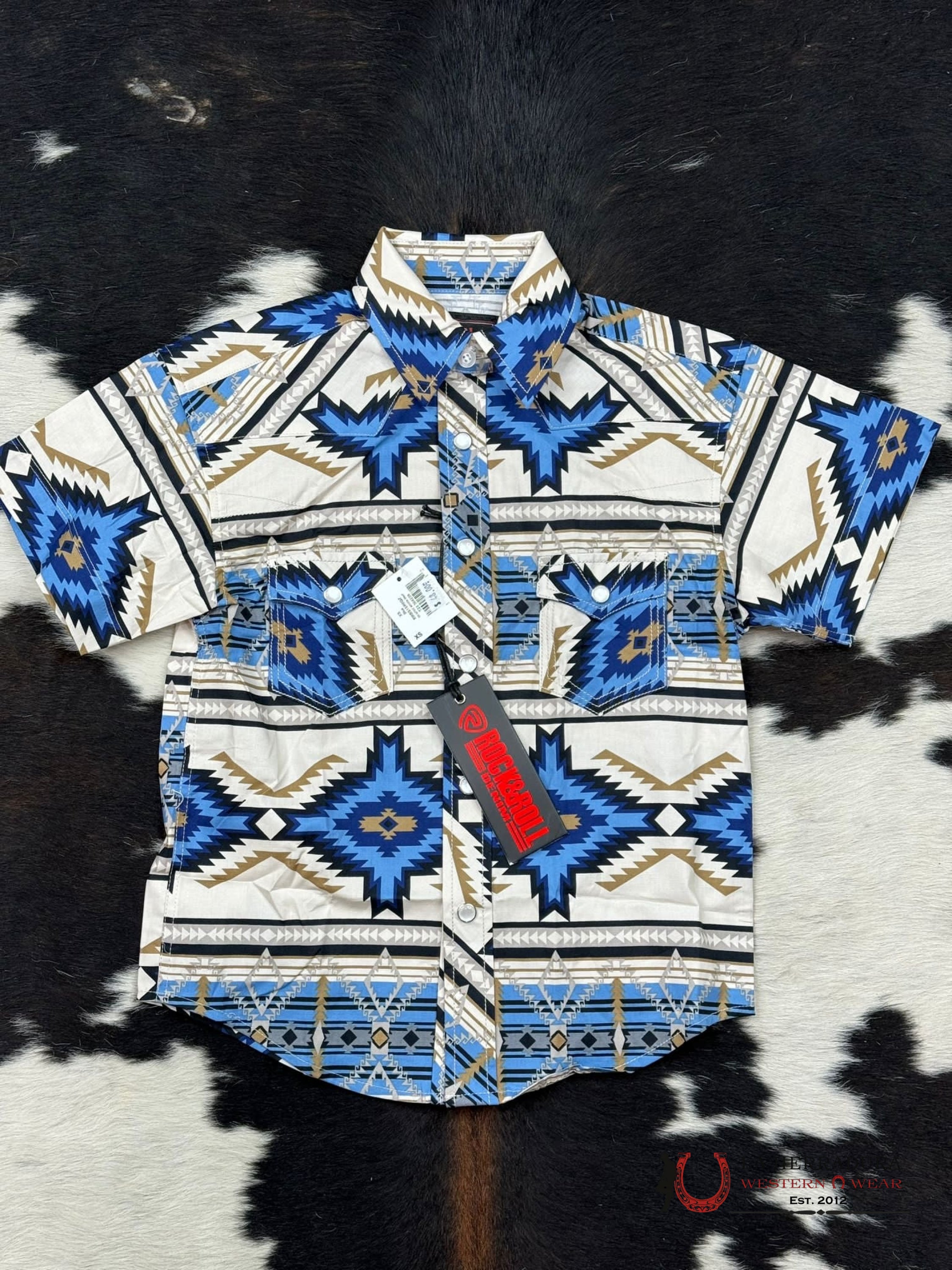 Rock&Roll Blue/Light Tan Aztec Short Sleeve Snap Niños