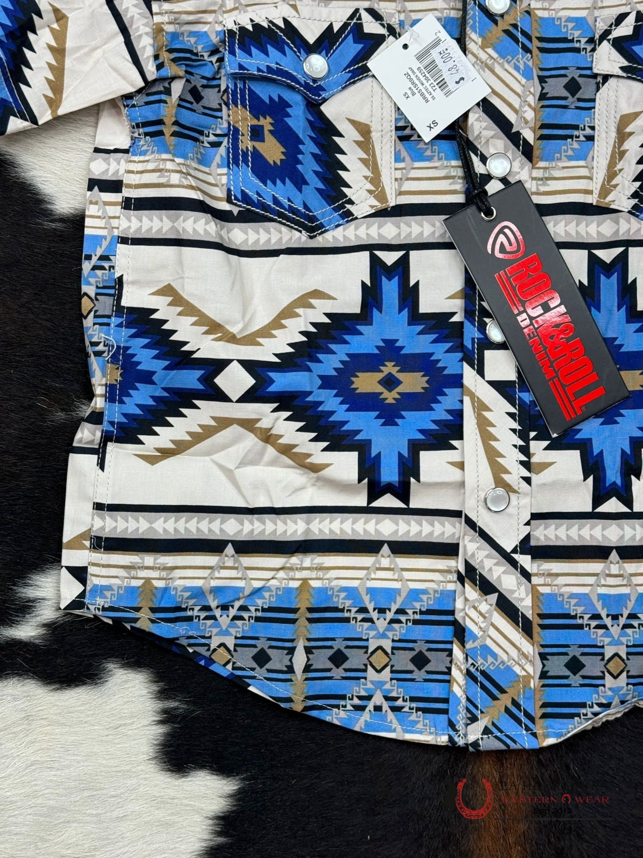 Rock&Roll Blue/Light Tan Aztec Short Sleeve Snap Niños