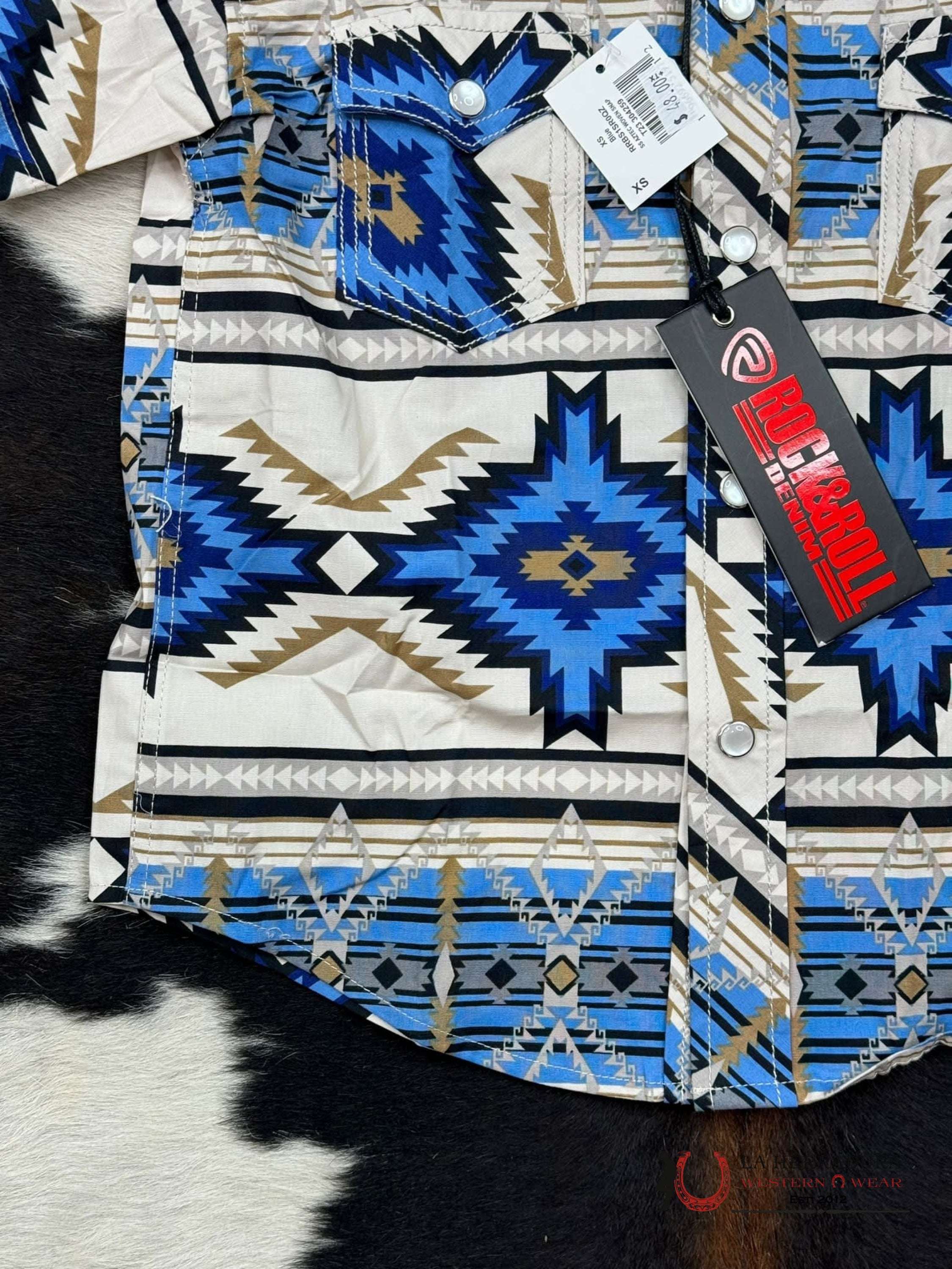 Rock&Roll Blue/Light Tan Aztec Short Sleeve Snap Niños