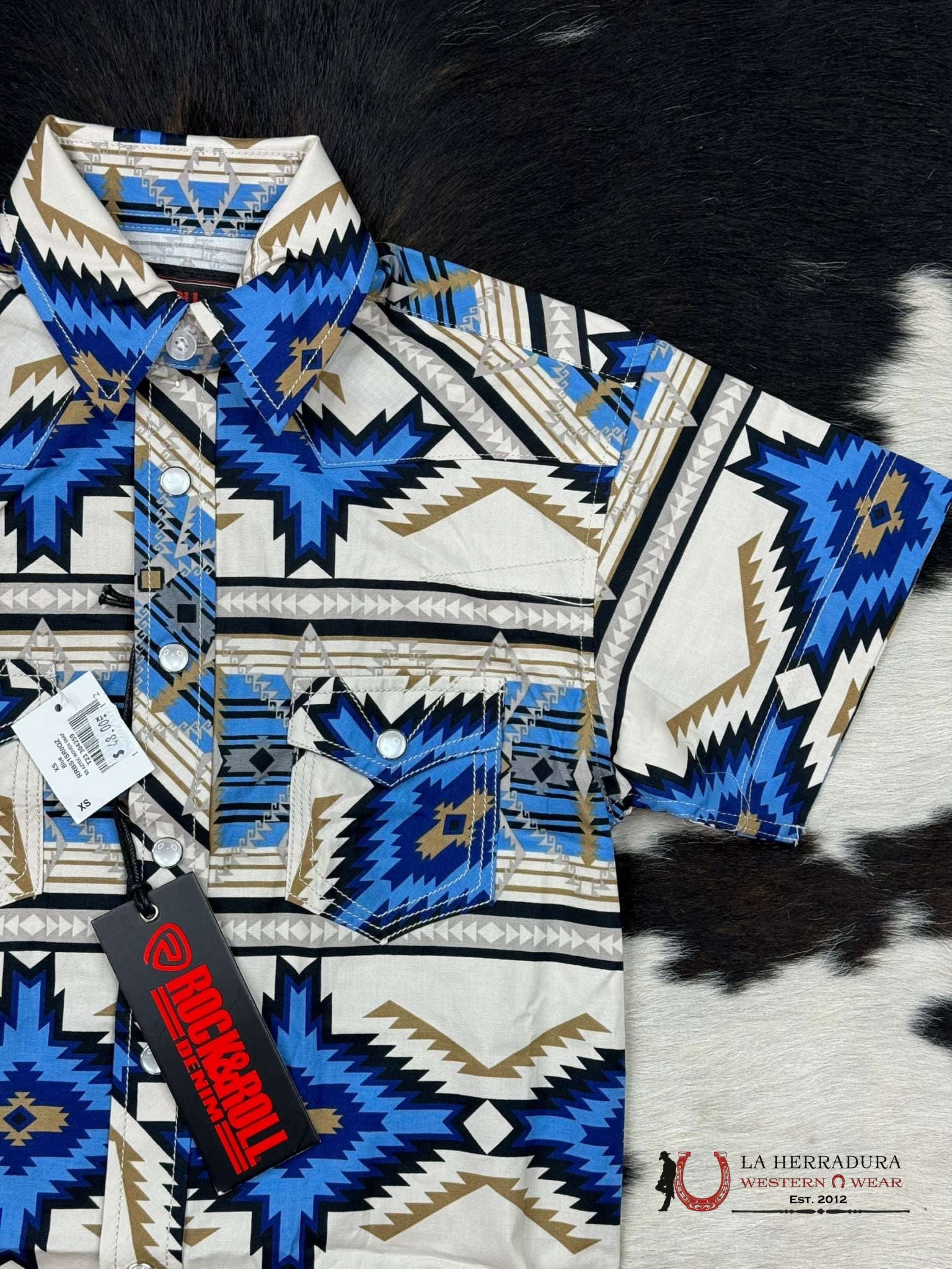 Rock&Roll Blue/Light Tan Aztec Short Sleeve Snap Niños