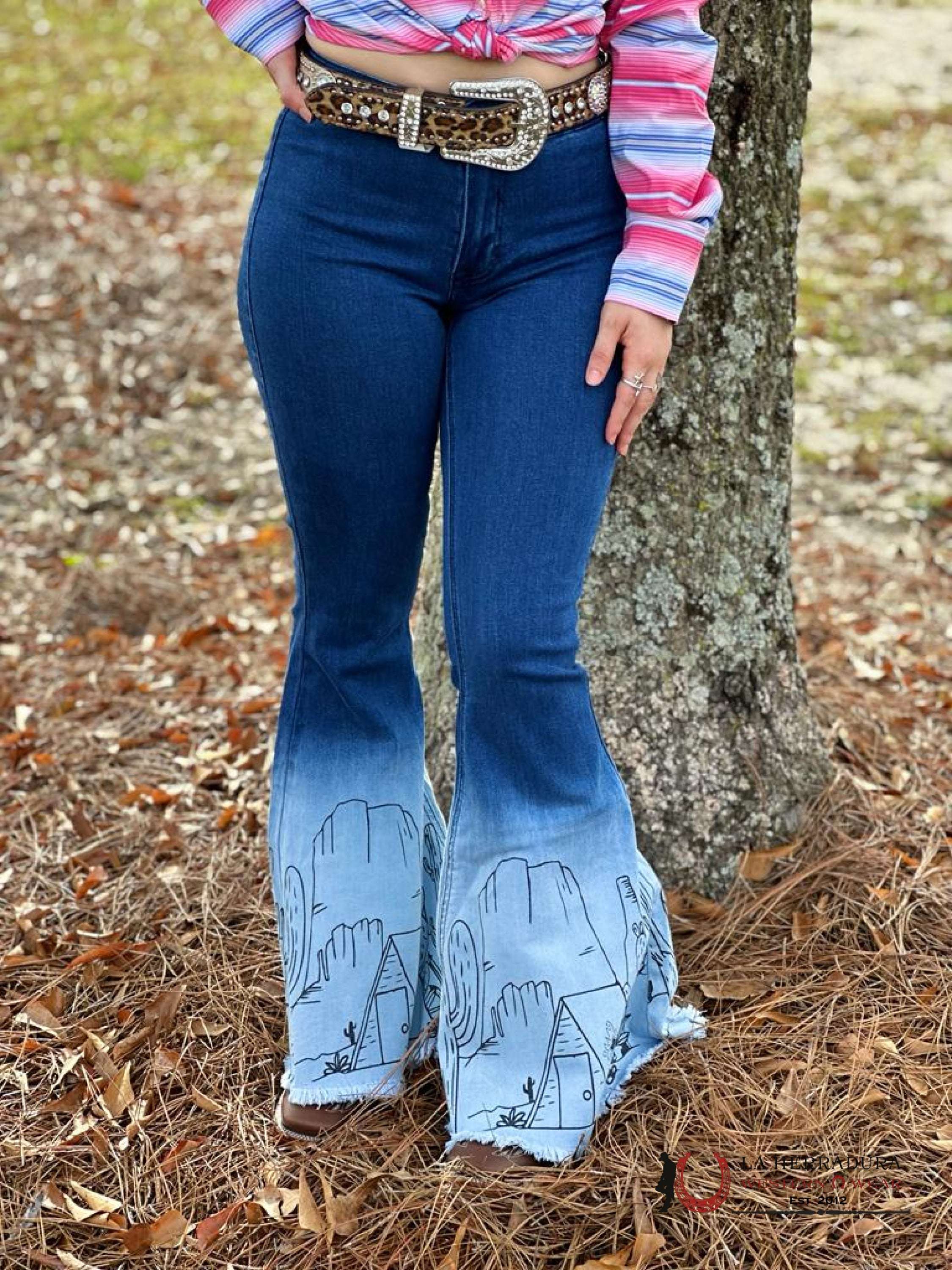 Rock&Roll Blue Ombre Printed Desert Design Flare Jeans Jeans Women