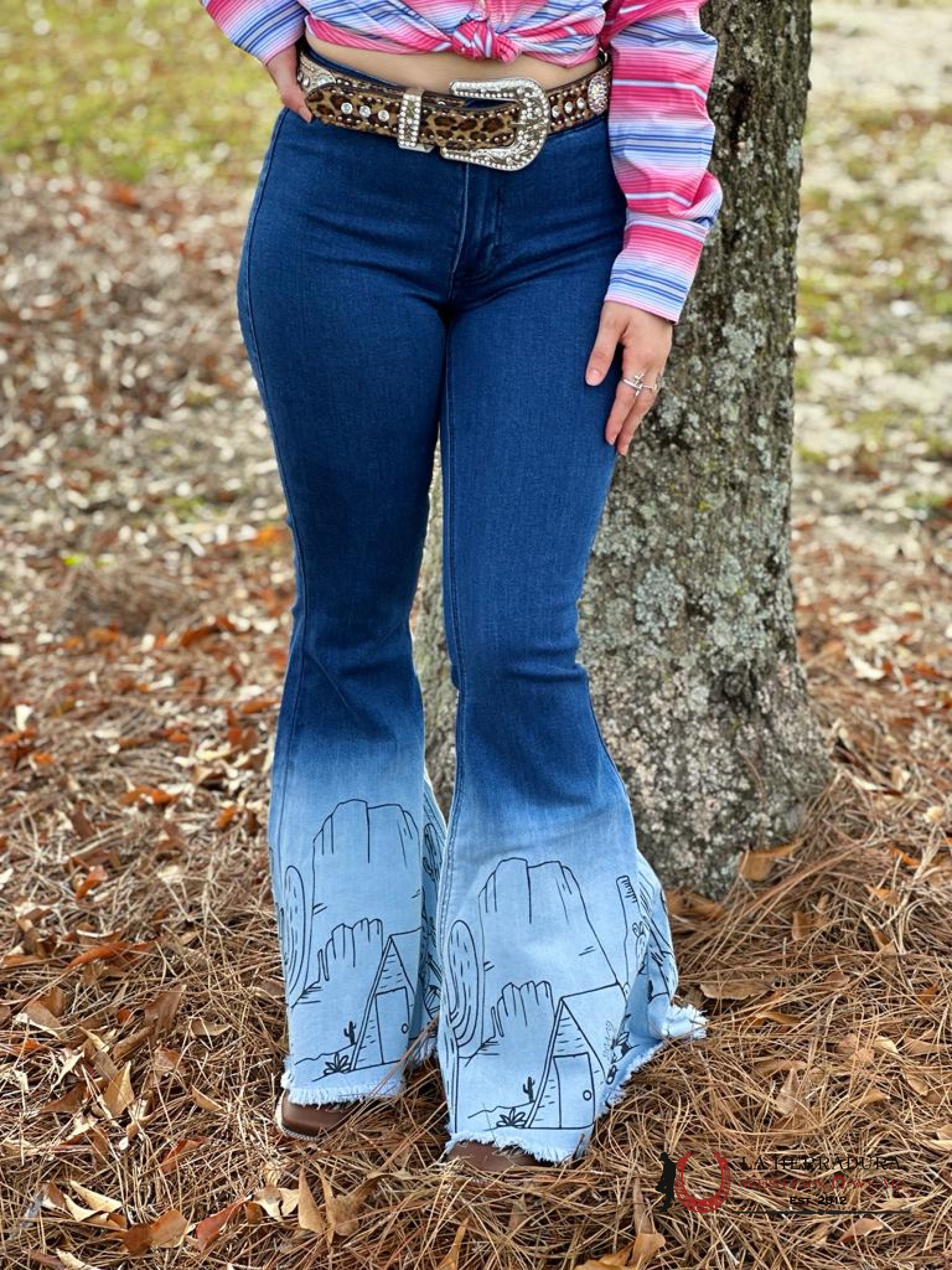 Rock&Roll Blue Ombre Printed Desert Design Flare Jeans Jeans Women