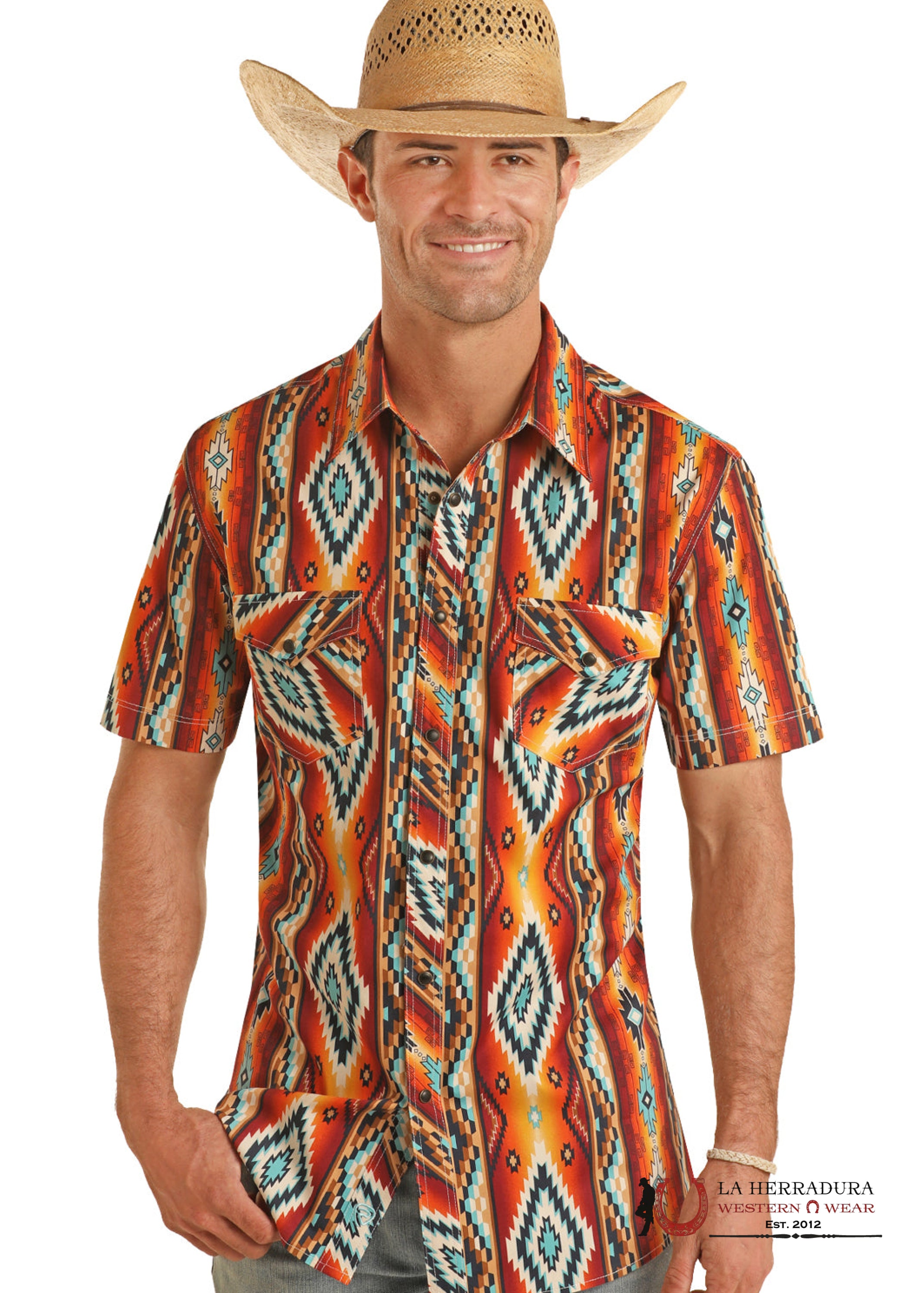 Rock&Roll BLUE ORANGE AZTEC Print Short Sleeve Shirt BMN3s03953 ROPA HOMBRES