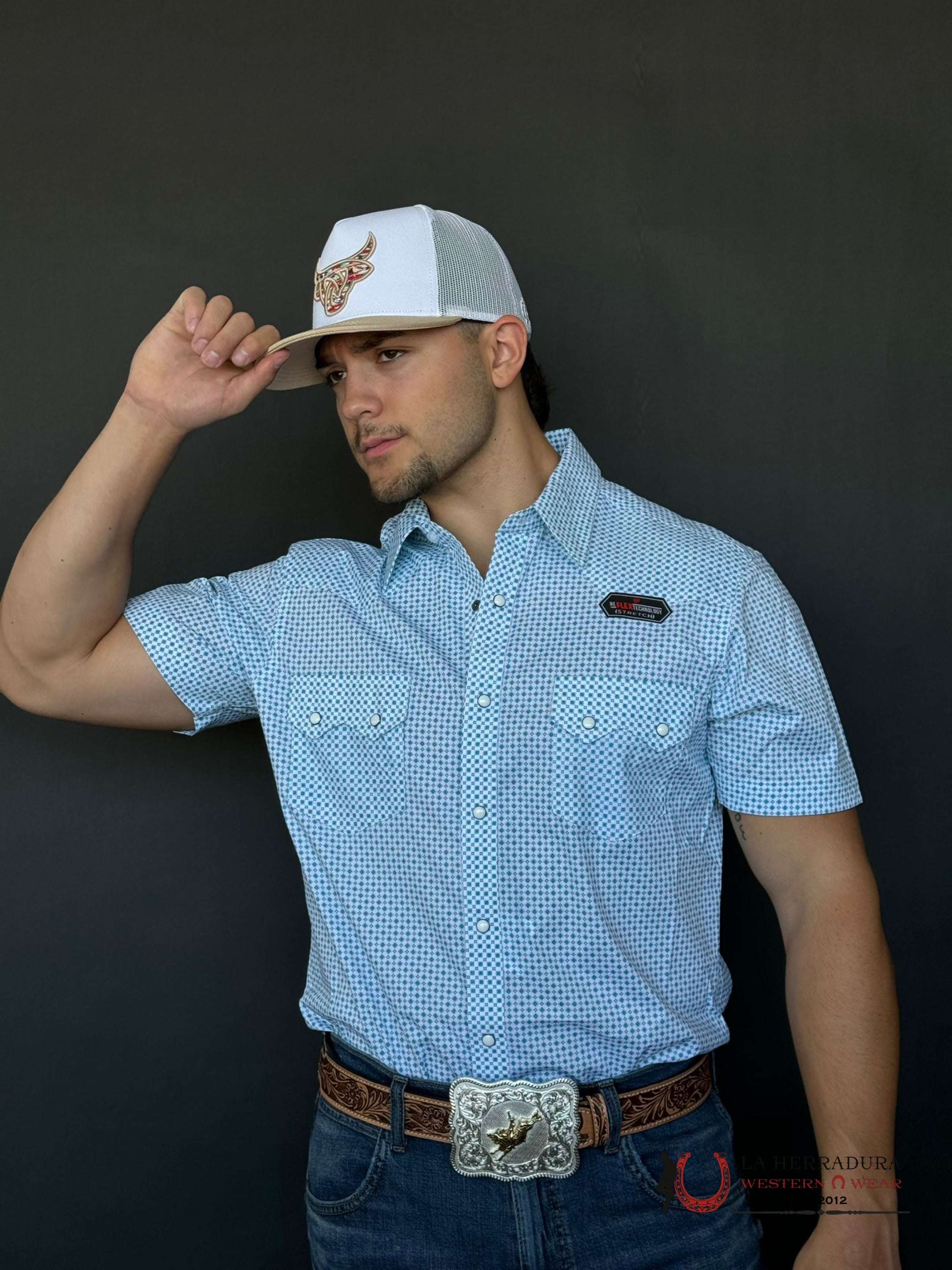 Rock&Roll Blue Turquoise Diamond Snap Short Sleeve Shirt Ropa Hombres