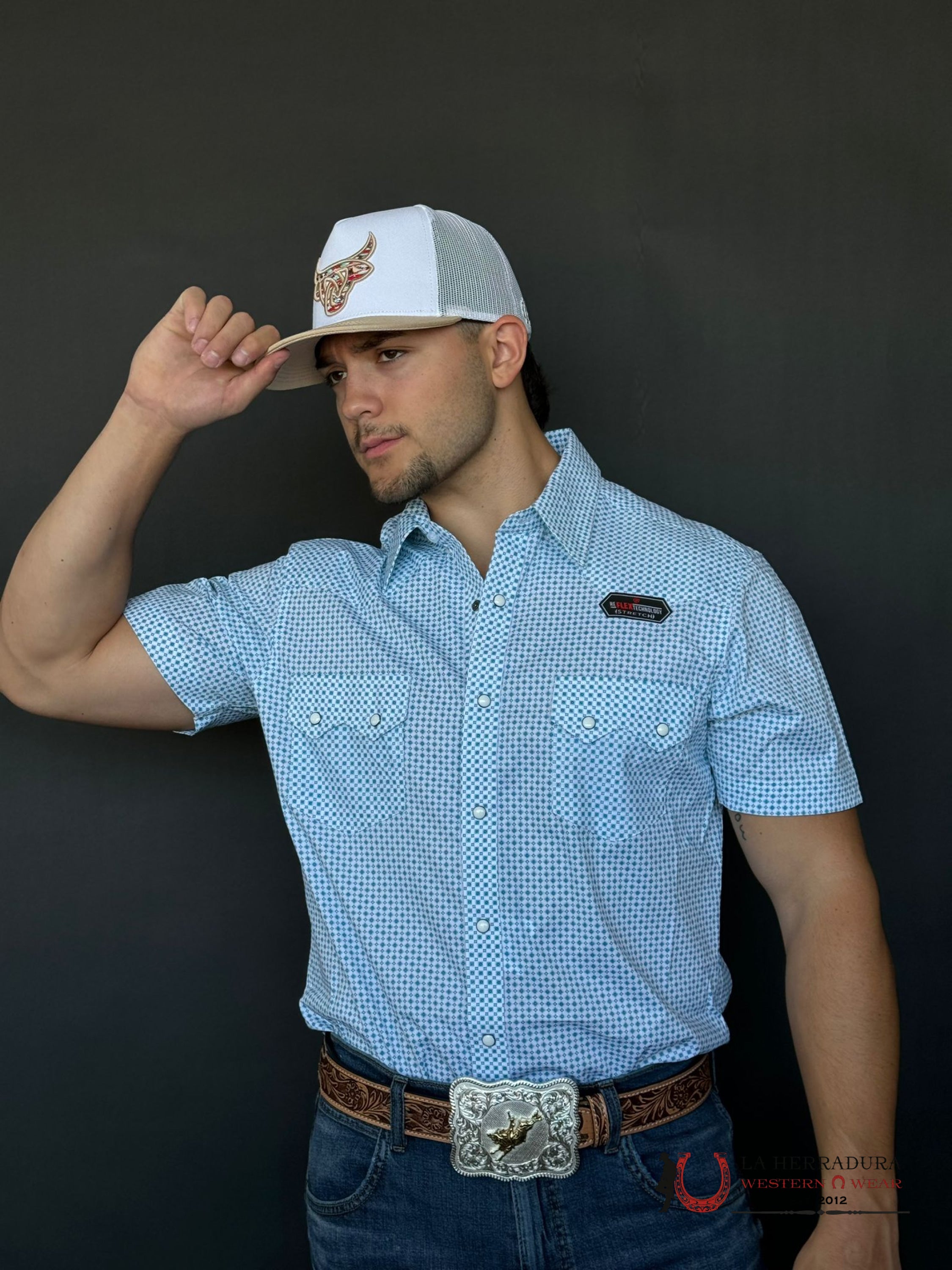 Rock&Roll Blue Turquoise Diamond Snap Short Sleeve Shirt Ropa Hombres