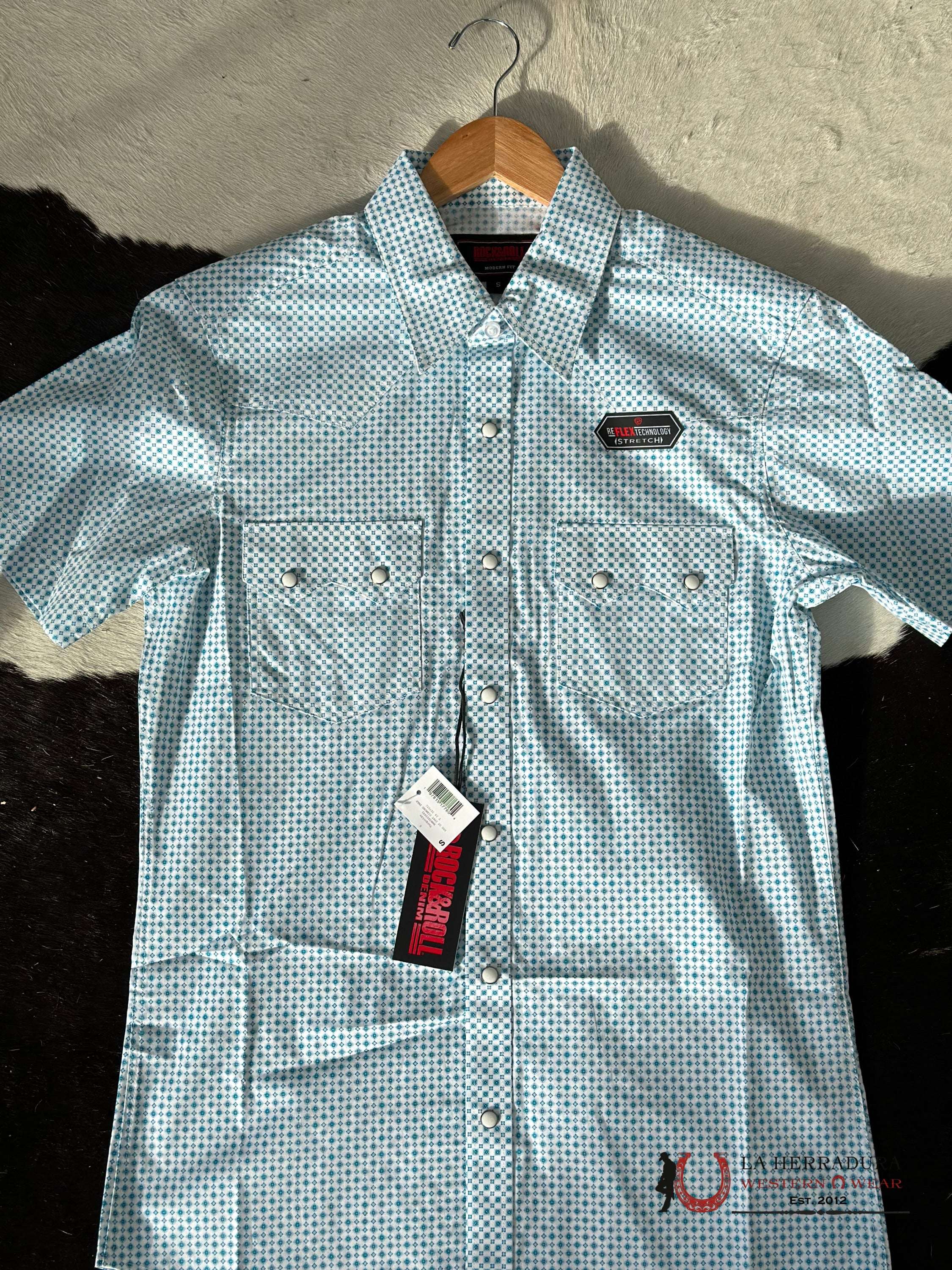 Rock&Roll Blue Turquoise Diamond Snap Short Sleeve Shirt Ropa Hombres