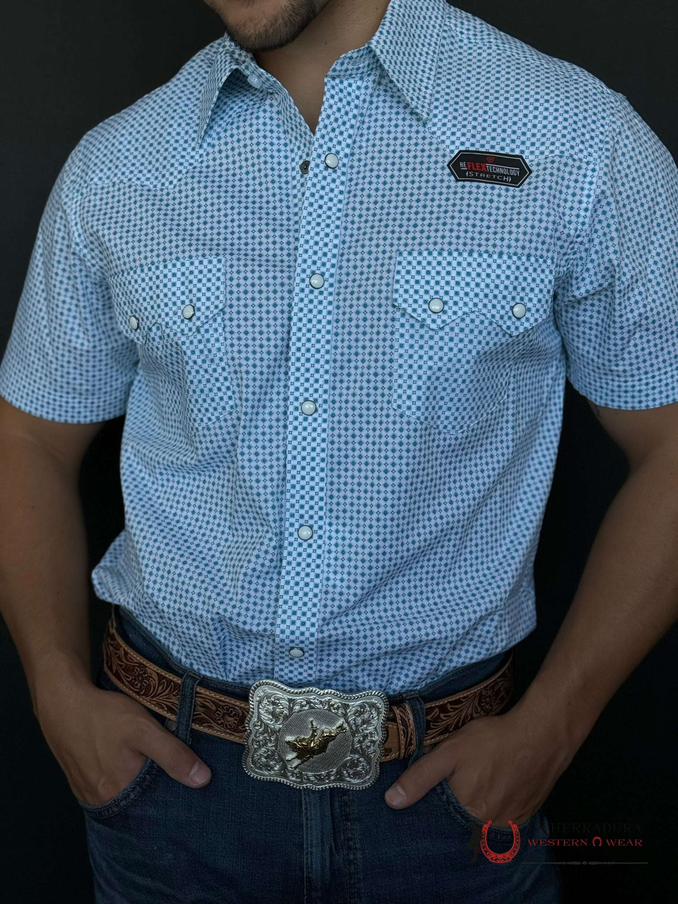 Rock&Roll Blue Turquoise Diamond Snap Short Sleeve Shirt Ropa Hombres