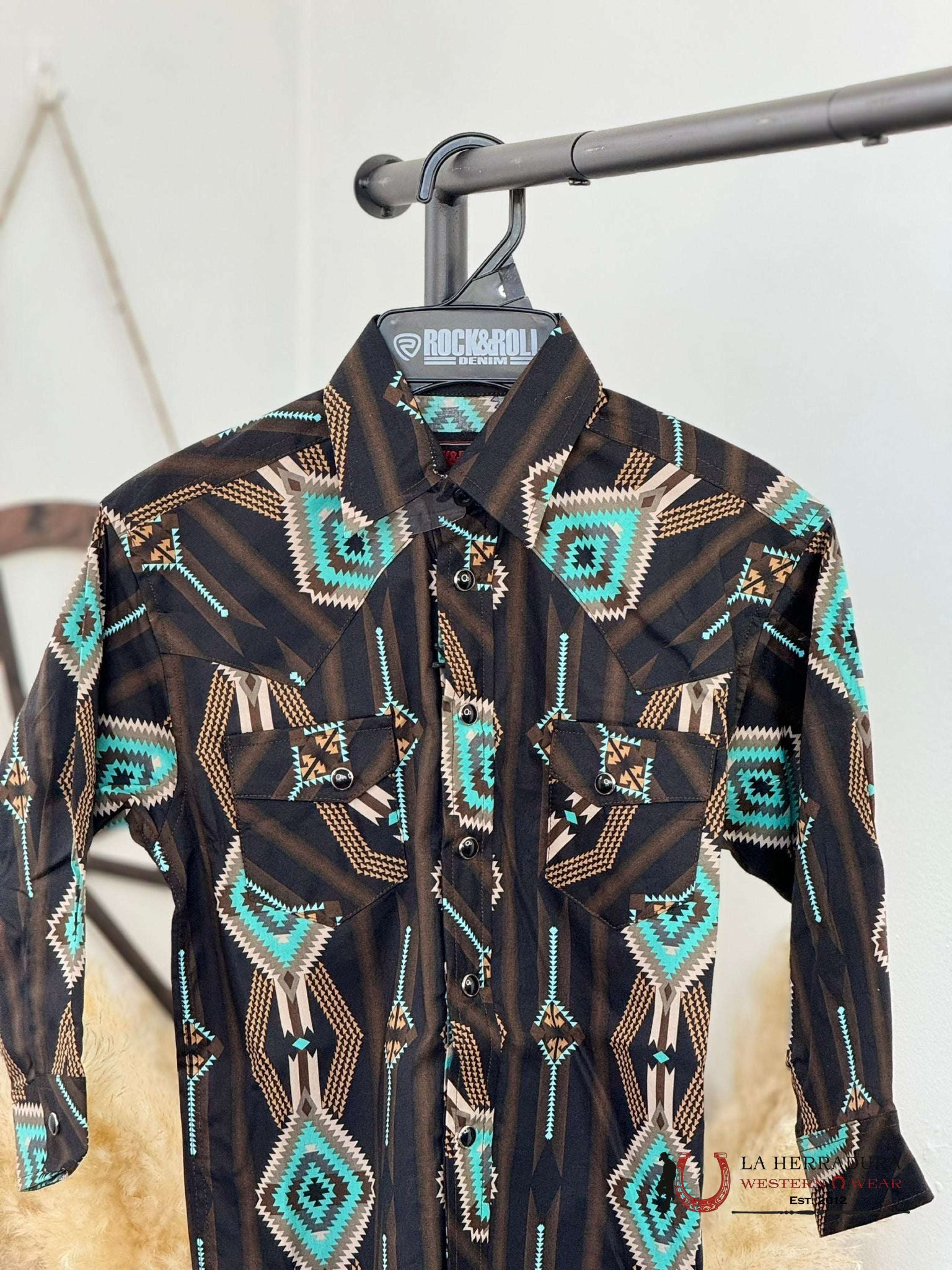 Rock&Roll Boys Black Azect Snap Long Sleeve Shirt Niños