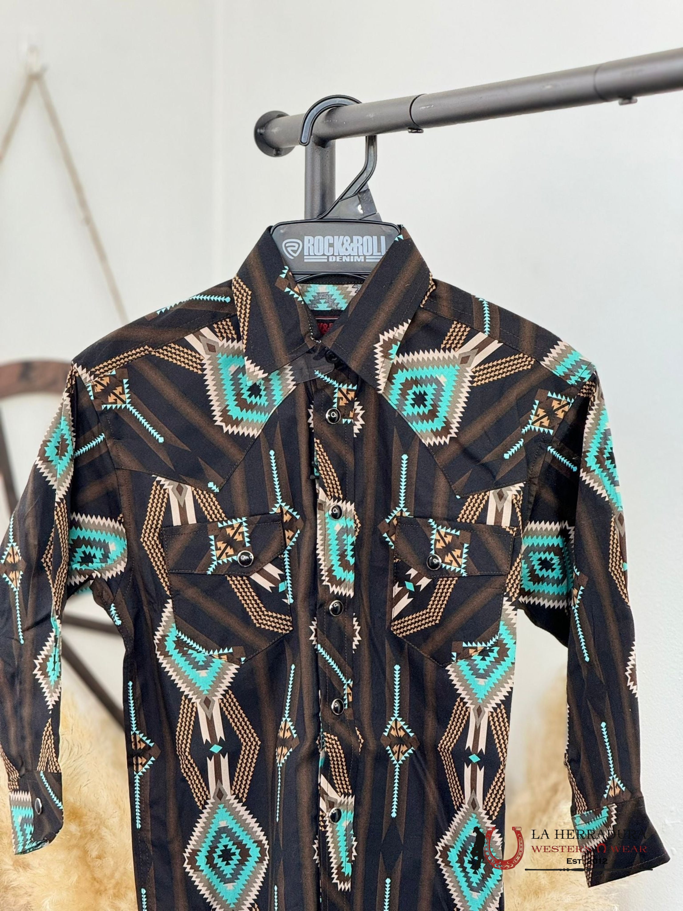 Rock&Roll Boys Black Azect Snap Long Sleeve Shirt Niños