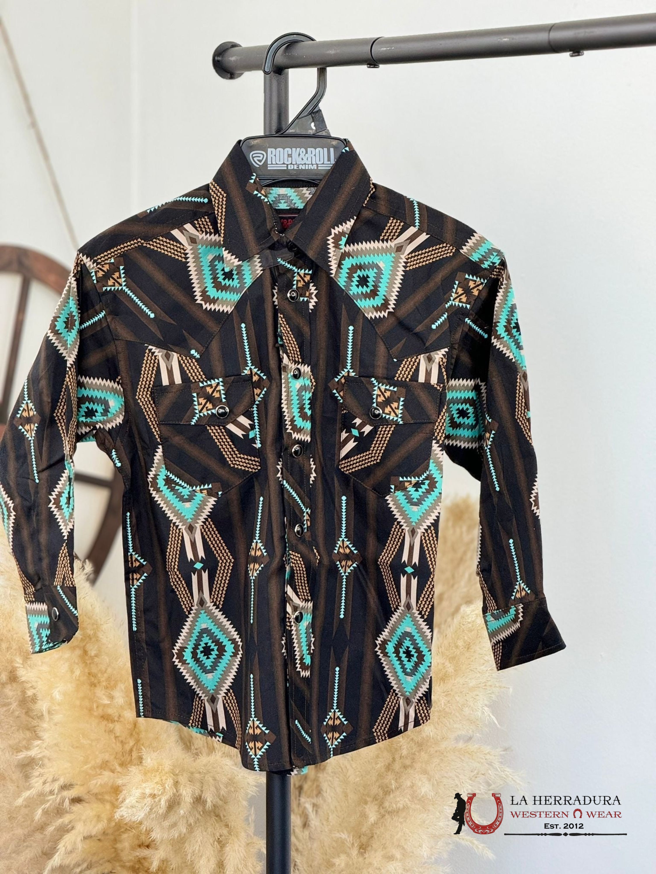 Rock&Roll Boys Black Azect Snap Long Sleeve Shirt Niños