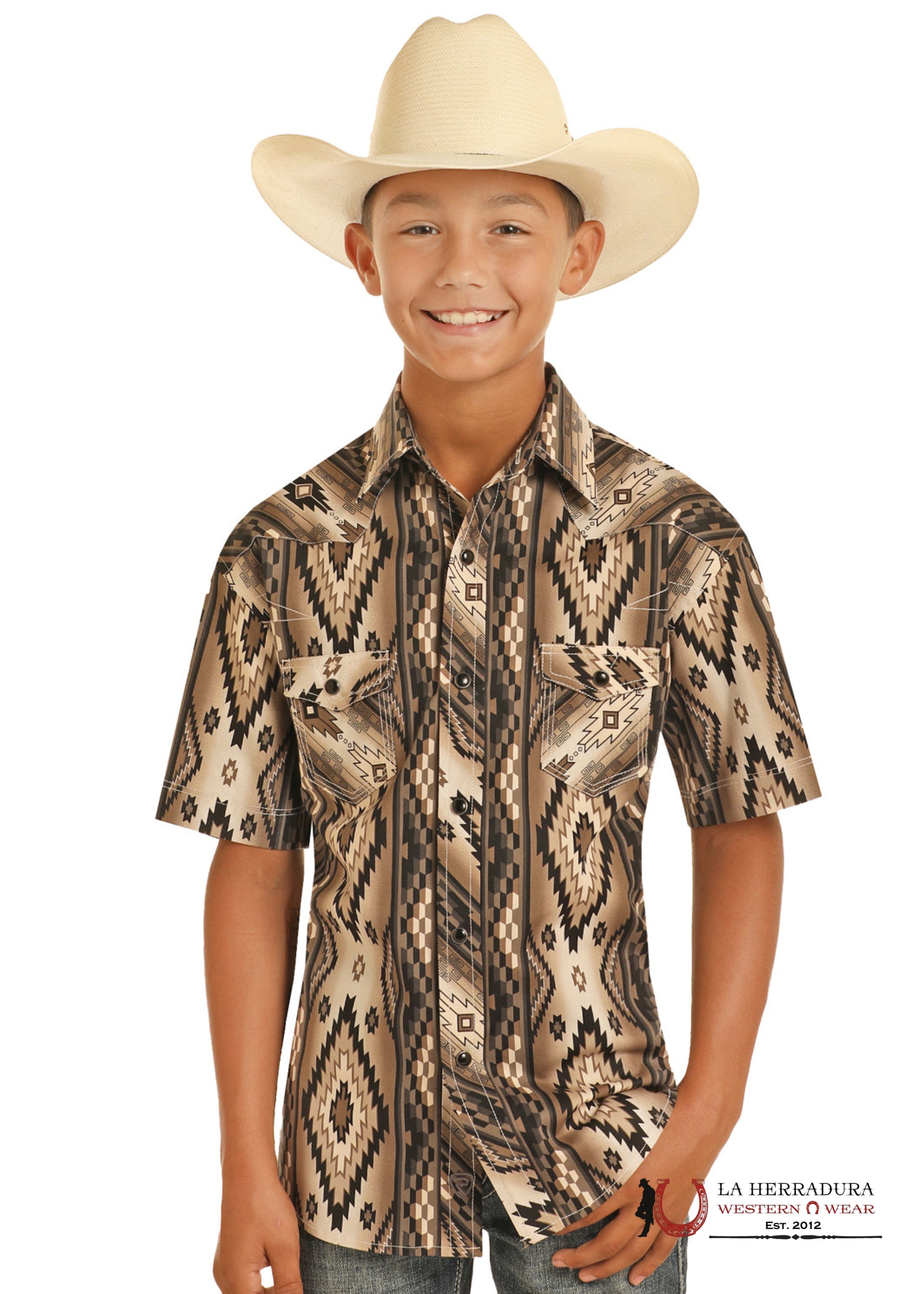 ROCK&ROLL BOYS BLACK AZTEC SNAP SHORT SLEEVE SHIRT 3939 NIÑOS