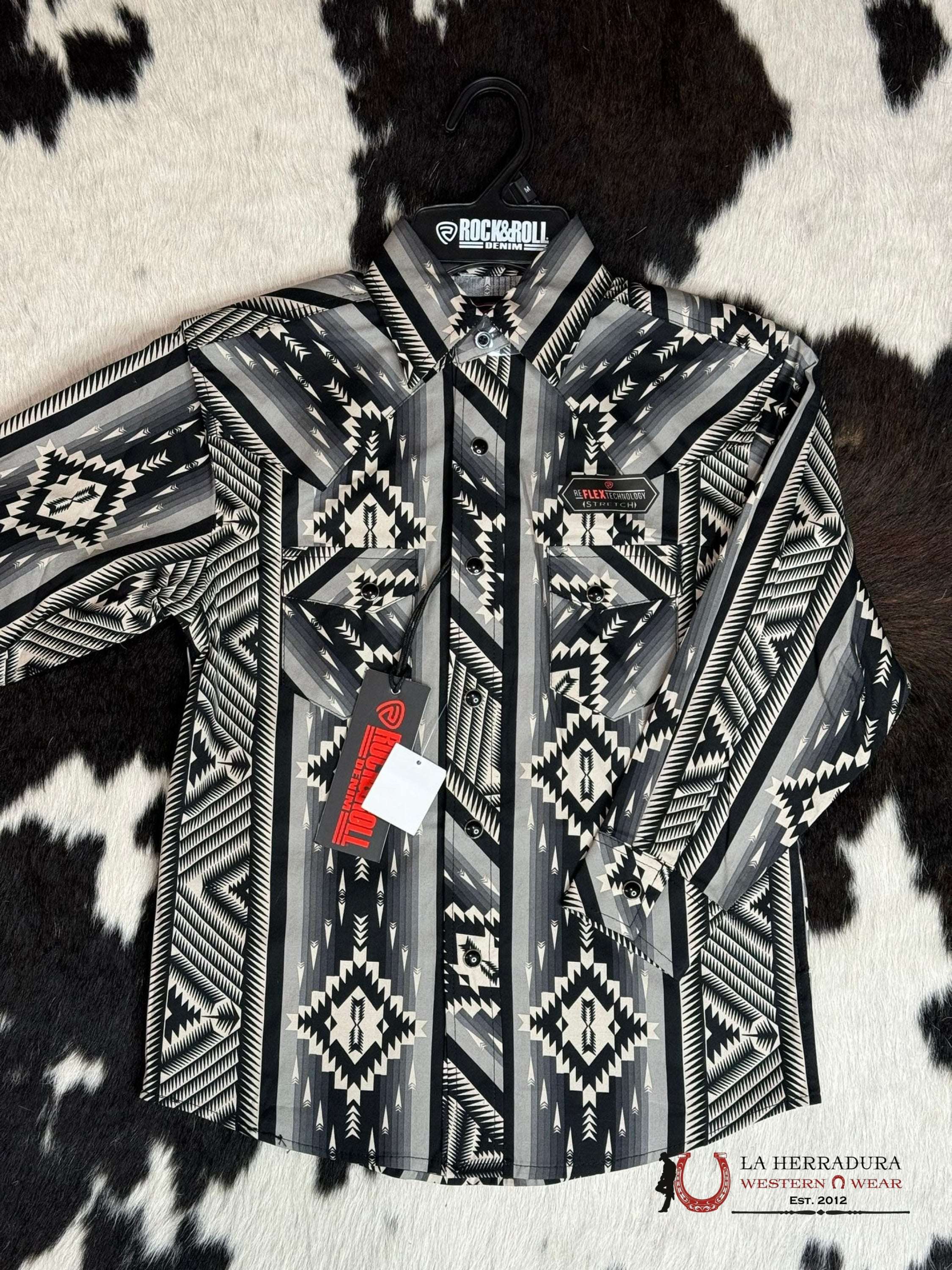 Rock&Roll Boys Black White Aztec Snap Long Sleeve Niños