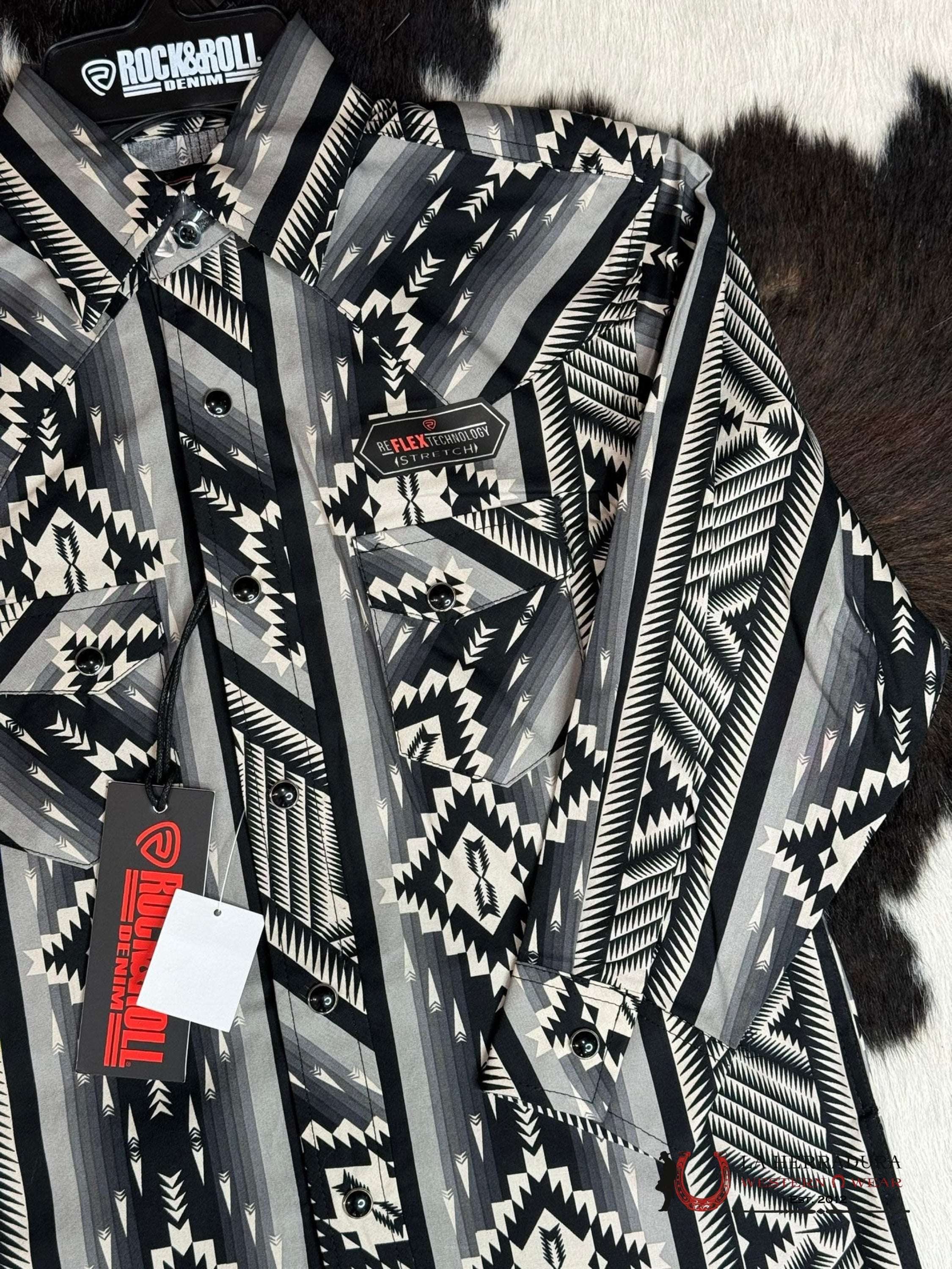 Rock&Roll Boys Black White Aztec Snap Long Sleeve Niños