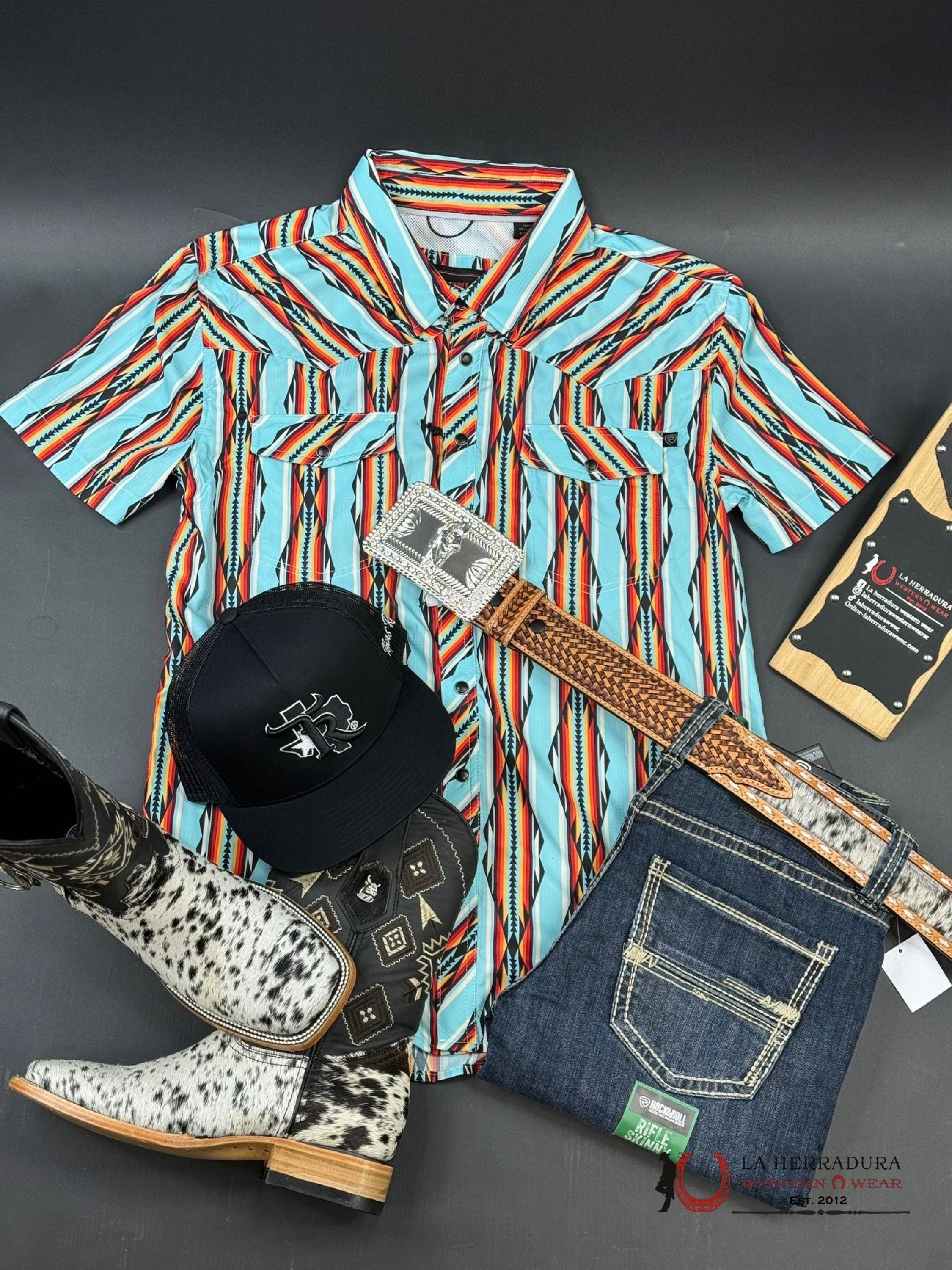 Rock&Roll Bright Turquoise Tek Aztec Snap Short Sleeve Shirt Ropa Hombres