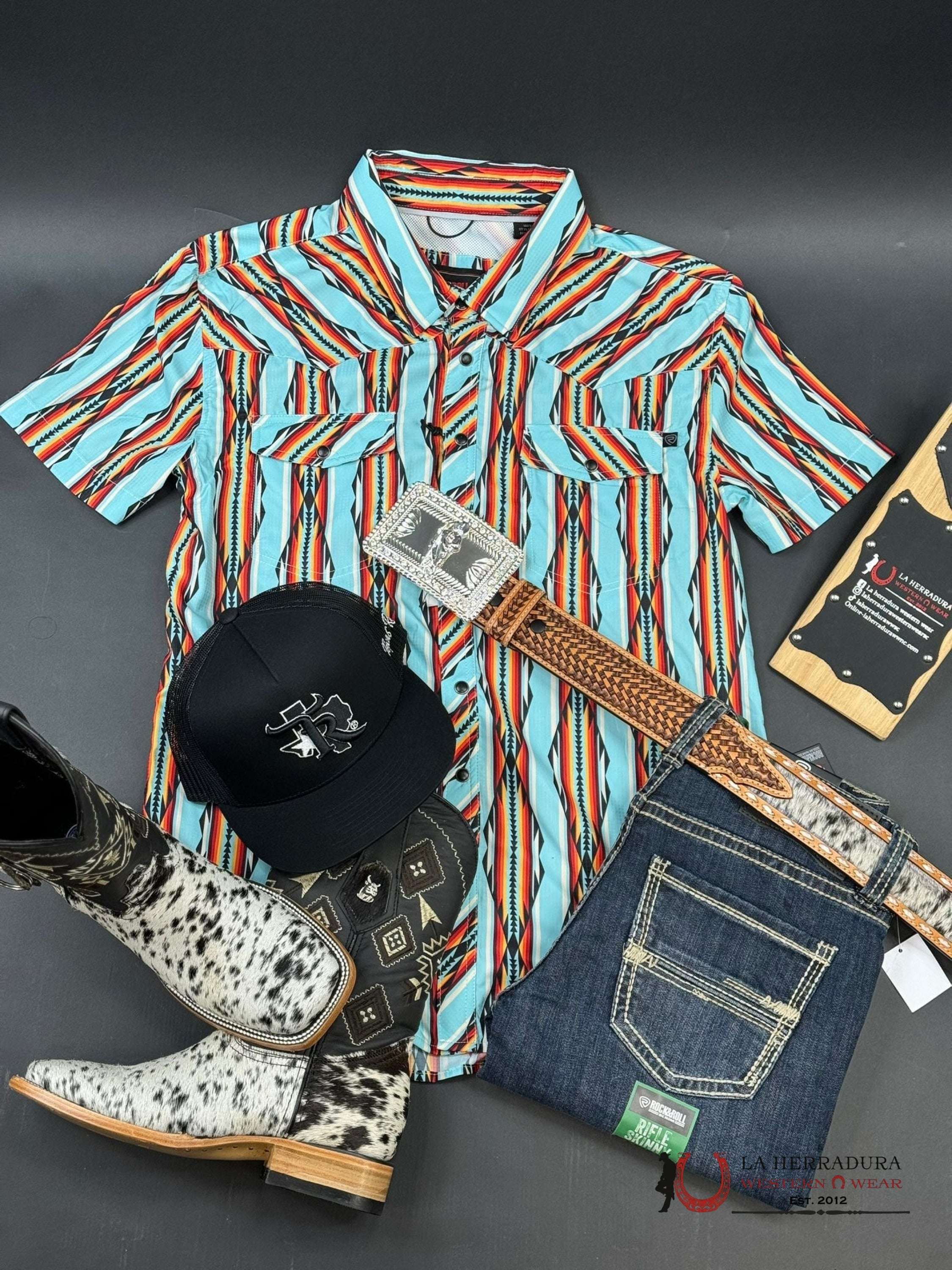 Rock&Roll Bright Turquoise Tek Aztec Snap Short Sleeve Shirt Ropa Hombres