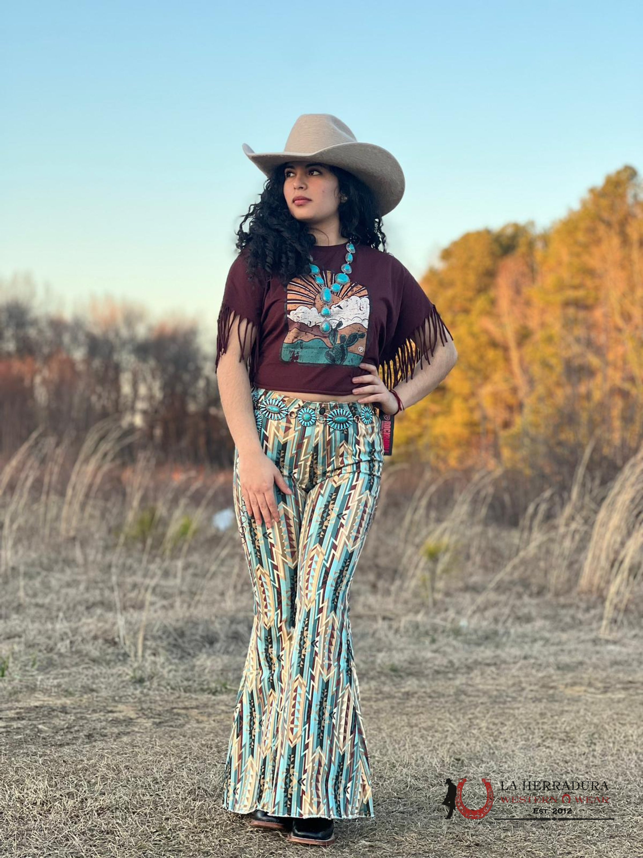 Rock&Roll Blue/Yellow Aztec Flare Jeans - 3043 Jeans Women