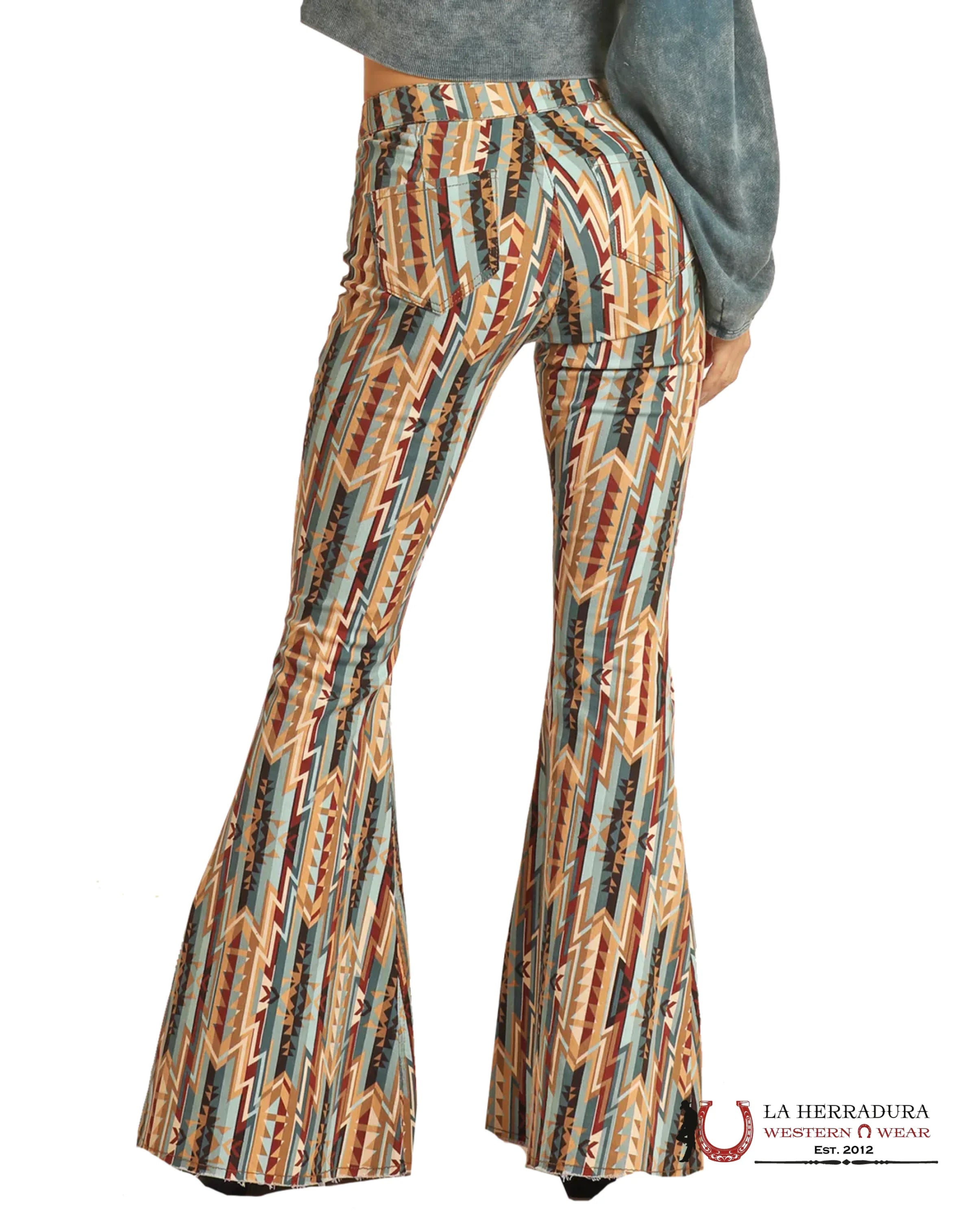 ROCK&ROLL Blue/Yellow Aztec Flare Jeans - 3043 ROCK&ROLL JEANS WOMEN