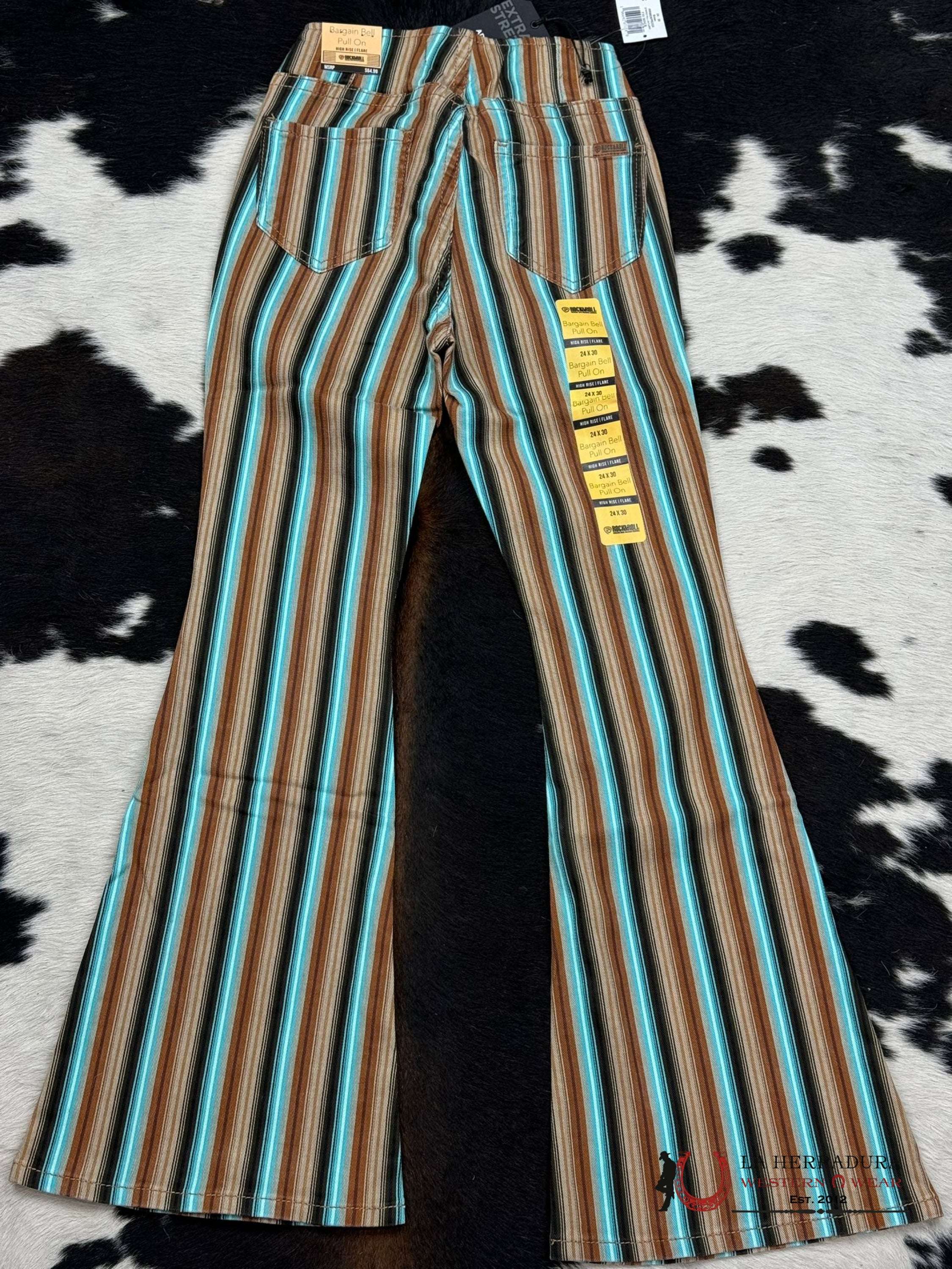 Rock&Roll Brown Striped Pull On Flare Jeans Women
