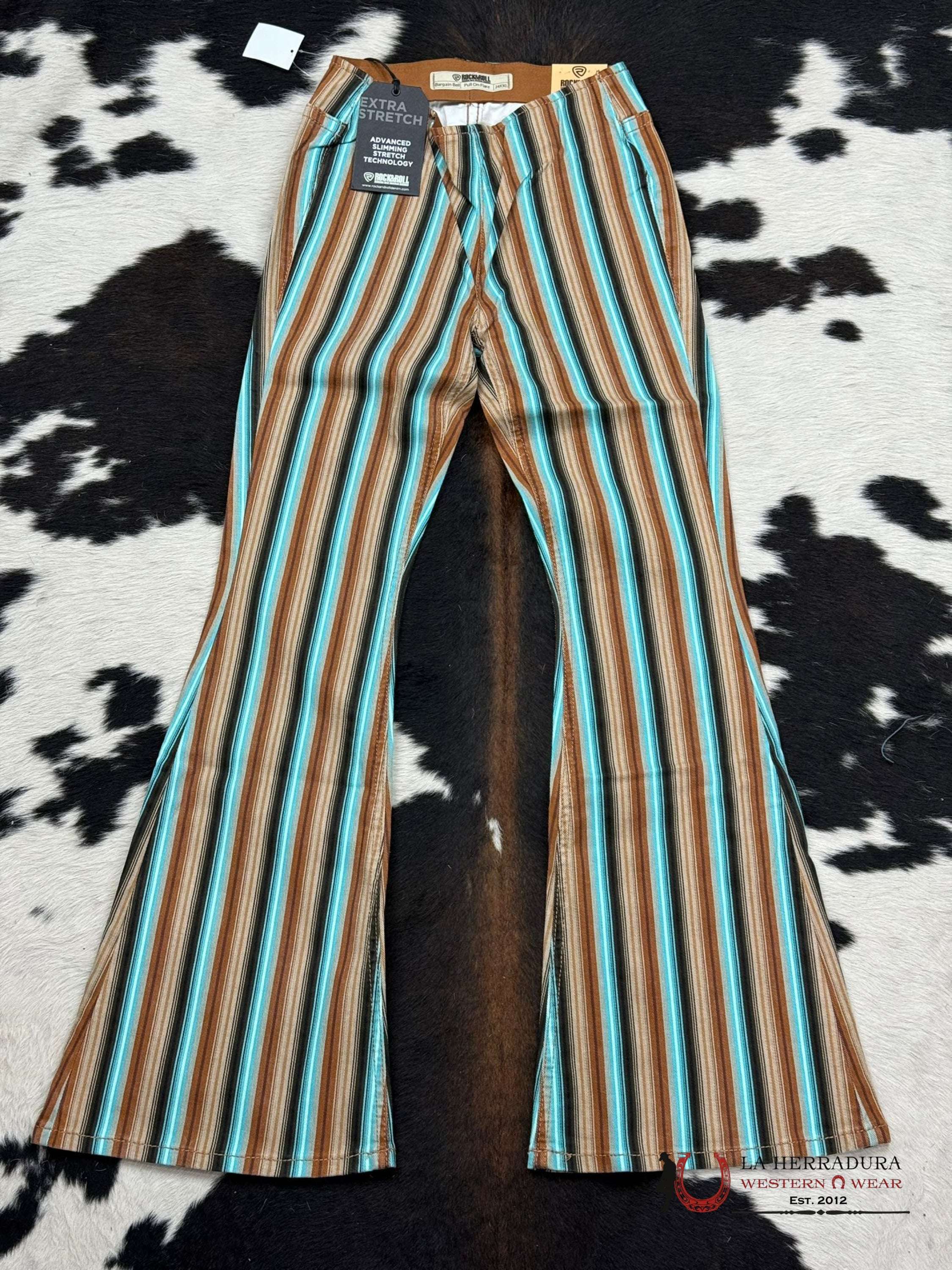 Rock&Roll Brown Striped Pull On Flare Jeans Women