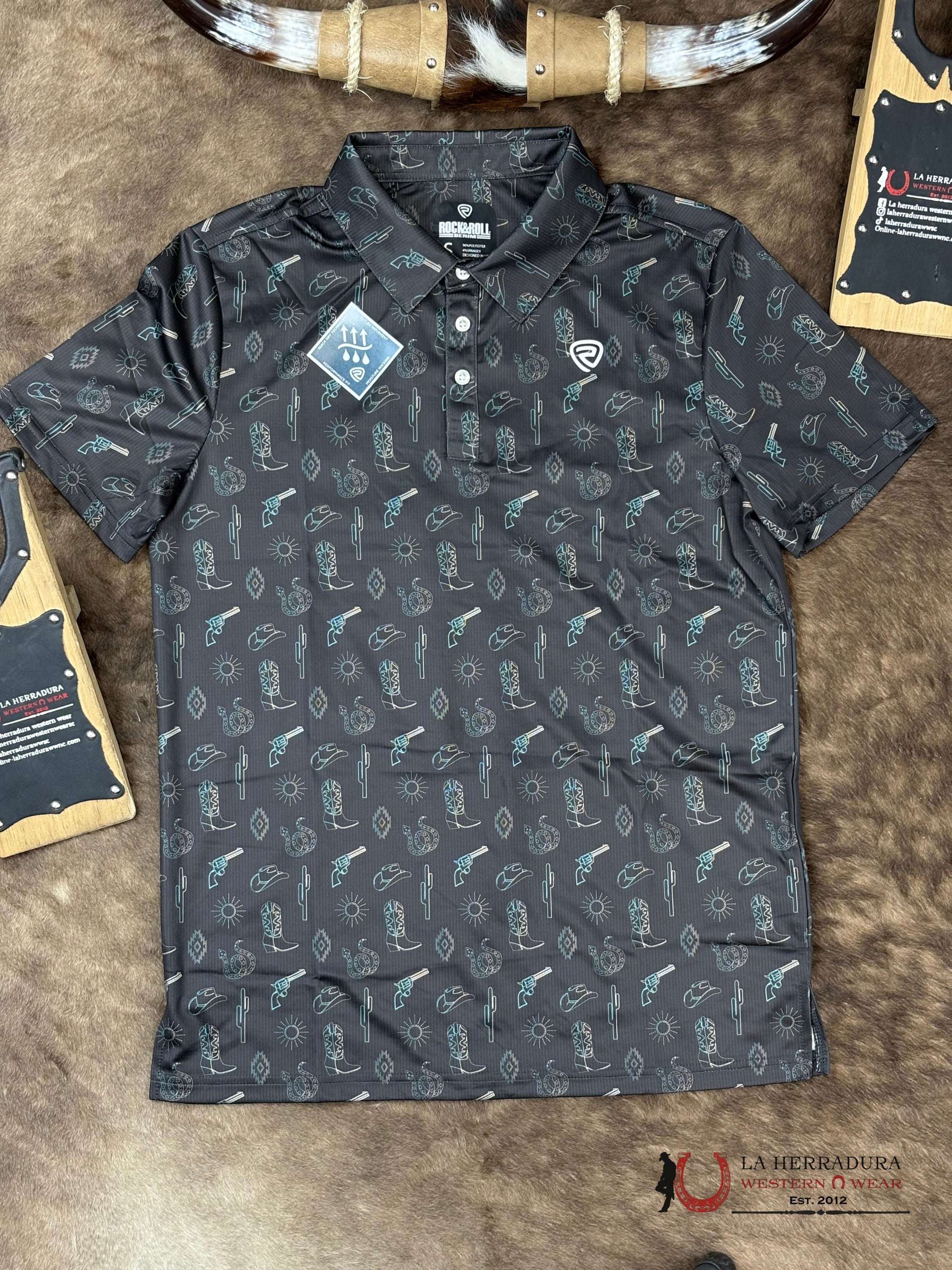 ROCK&ROLL Dark Brown Conversational Western Print Short Sleeve Shirt ROPA HOMBRES