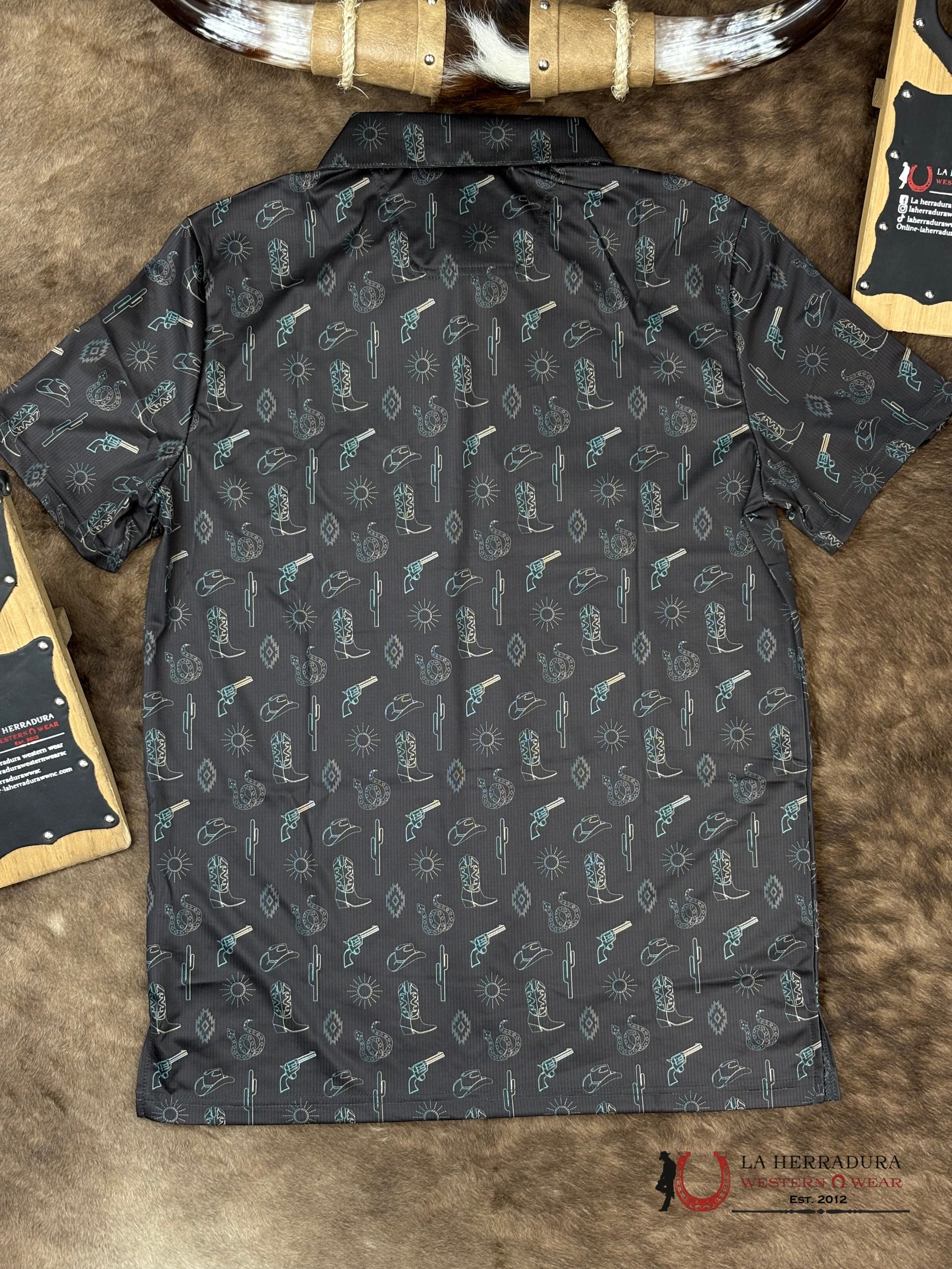 ROCK&ROLL Dark Brown Conversational Western Print Short Sleeve Shirt ROPA HOMBRES