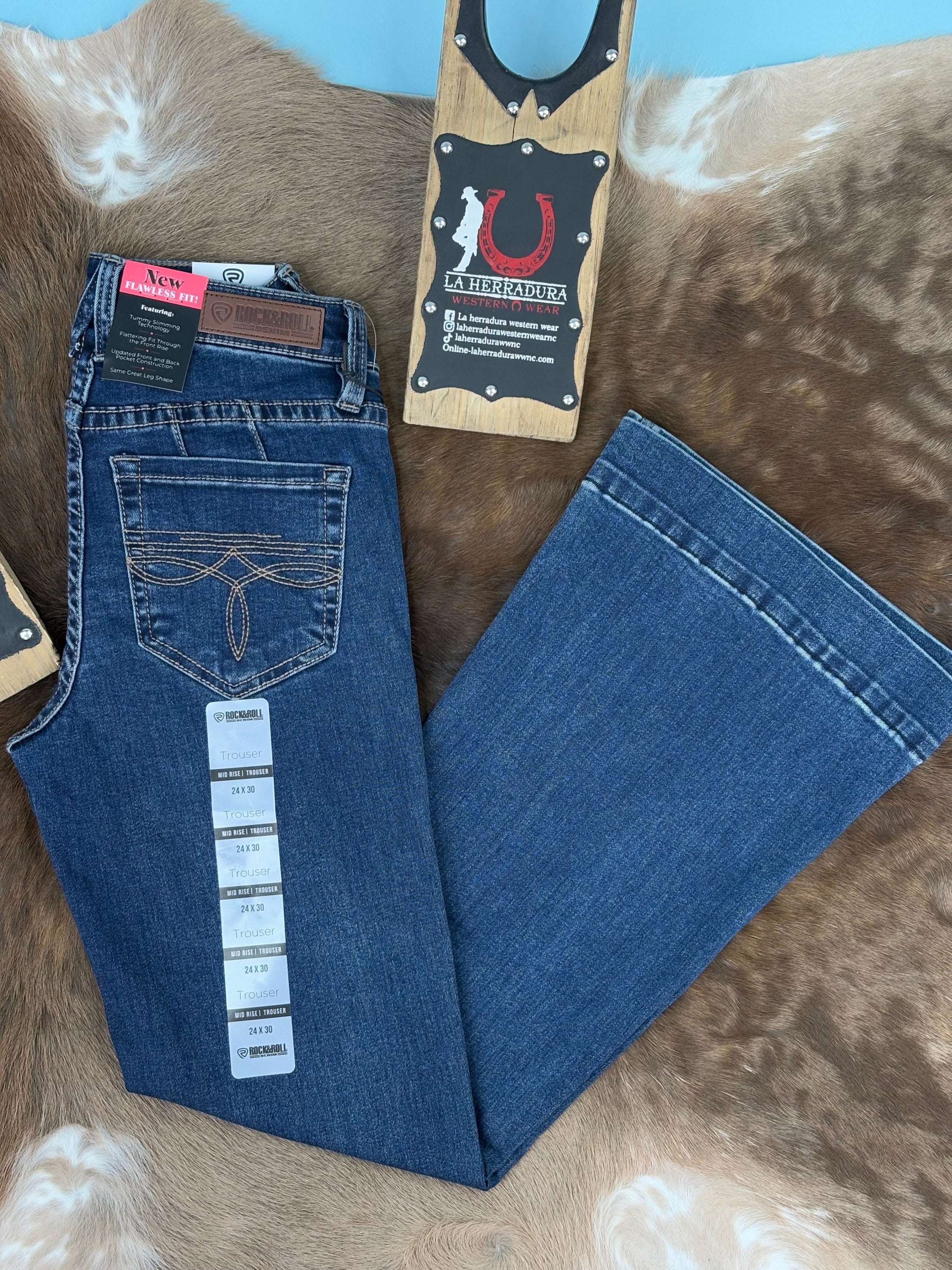 Rock&Roll Dark Wash Mid Rise Trouser Jeans Women