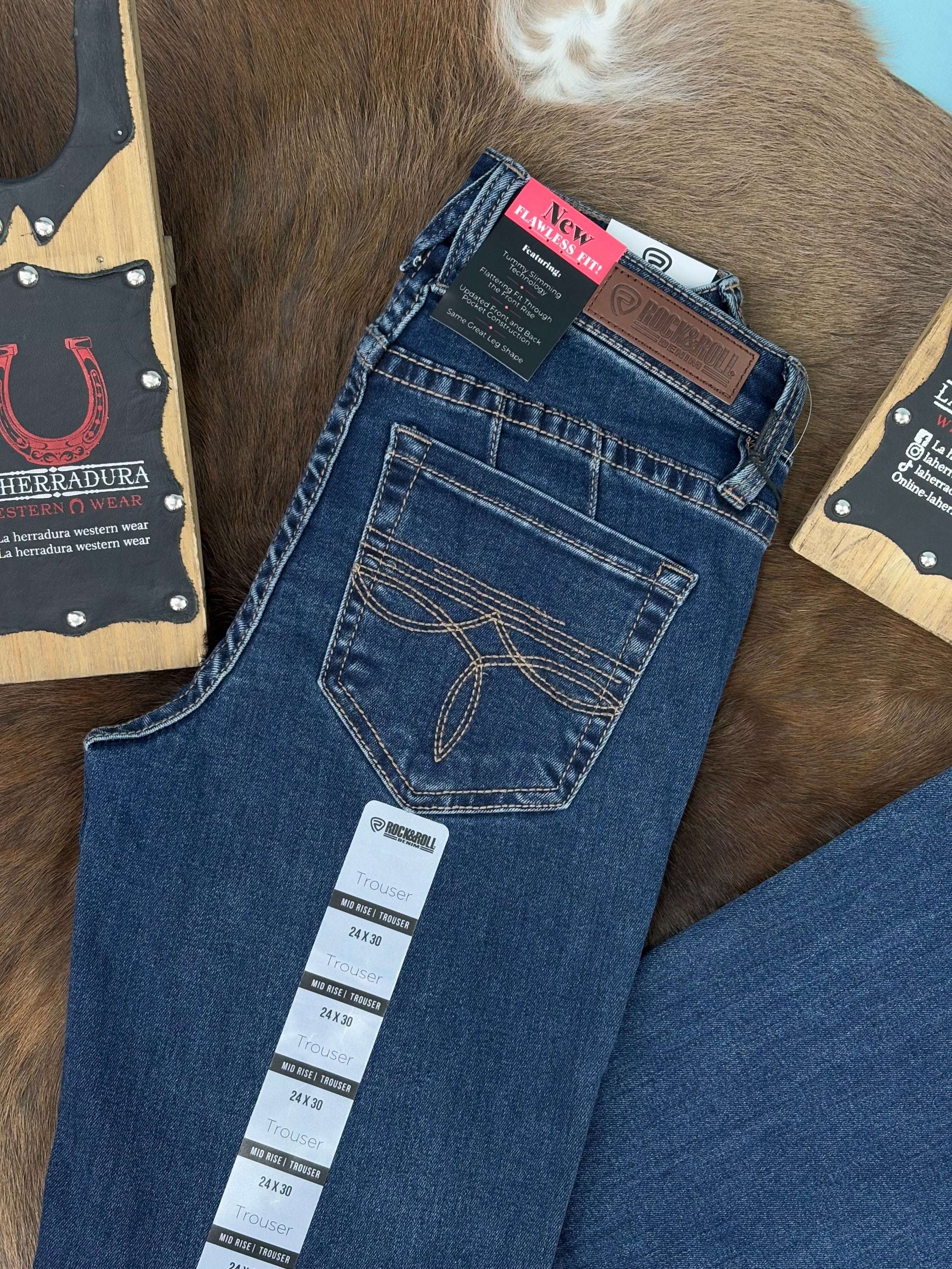 Rock&Roll Dark Wash Mid Rise Trouser Jeans Women