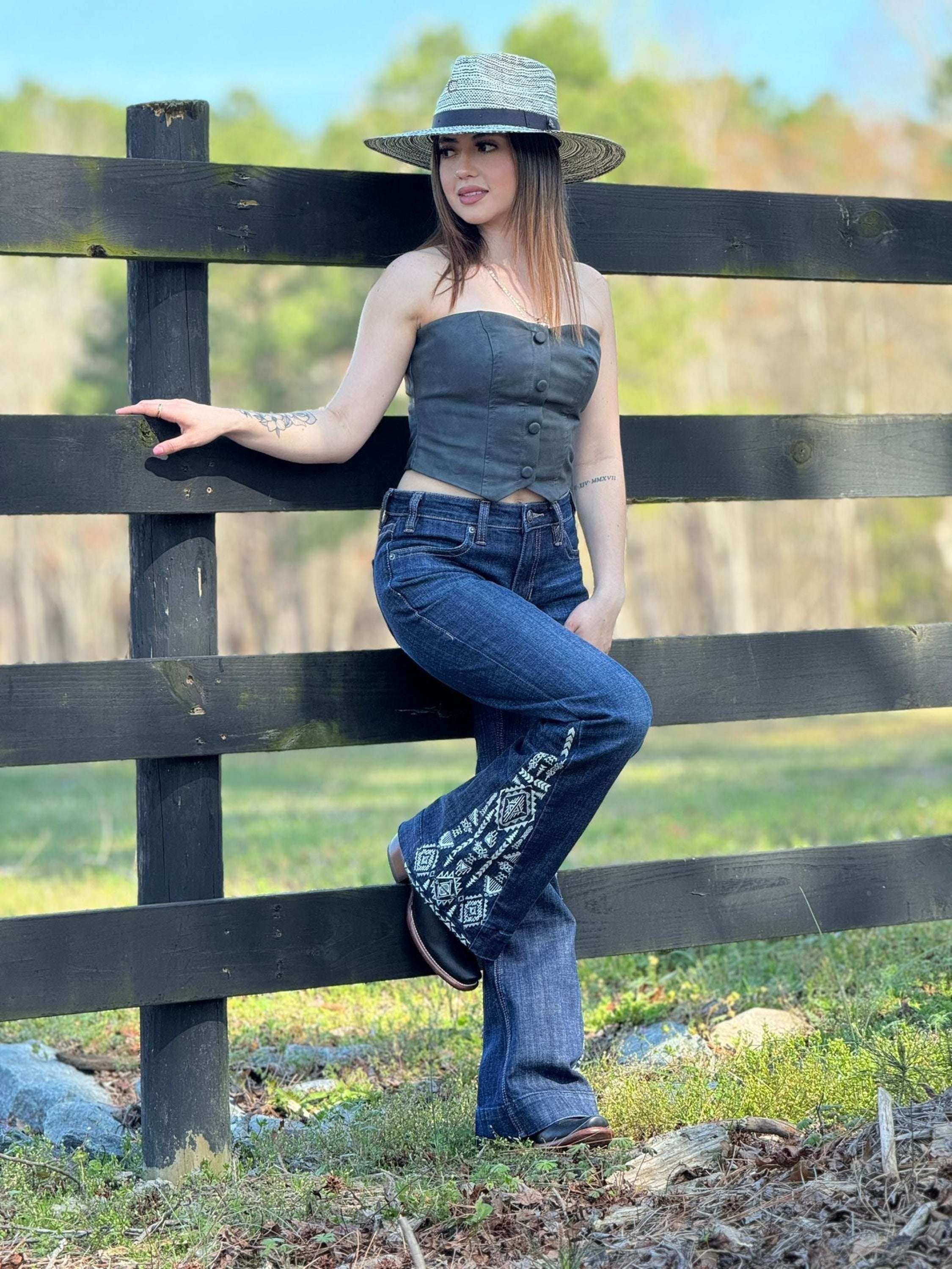 Rock&Roll Dark Wash Side Insert Embroidered Trouser Jeans Women