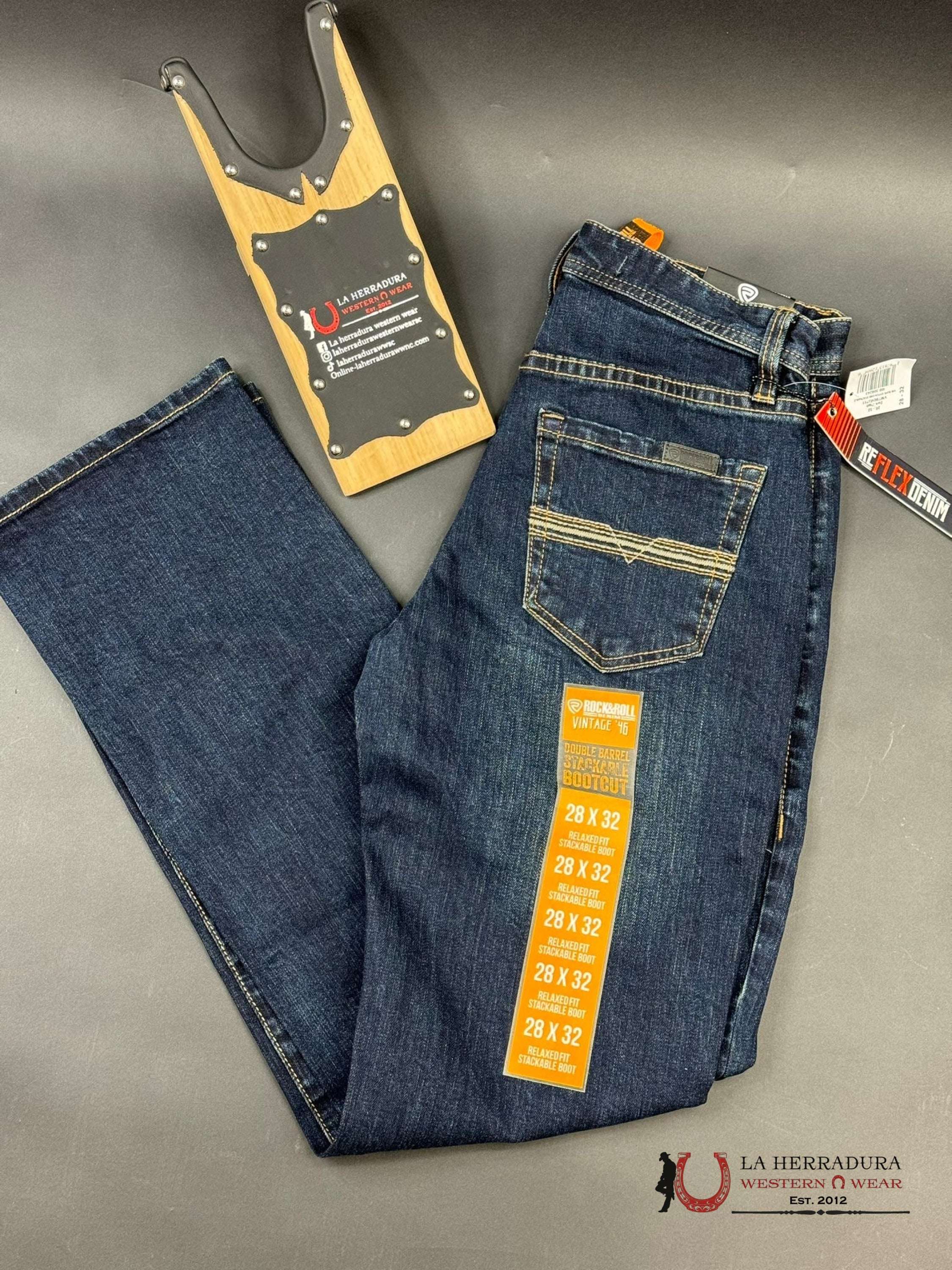 Rock&Roll Denim Dark Wash V46 Rope Stitch Embroidered Double Barrel Stackable Relaxed Fir Bootcut