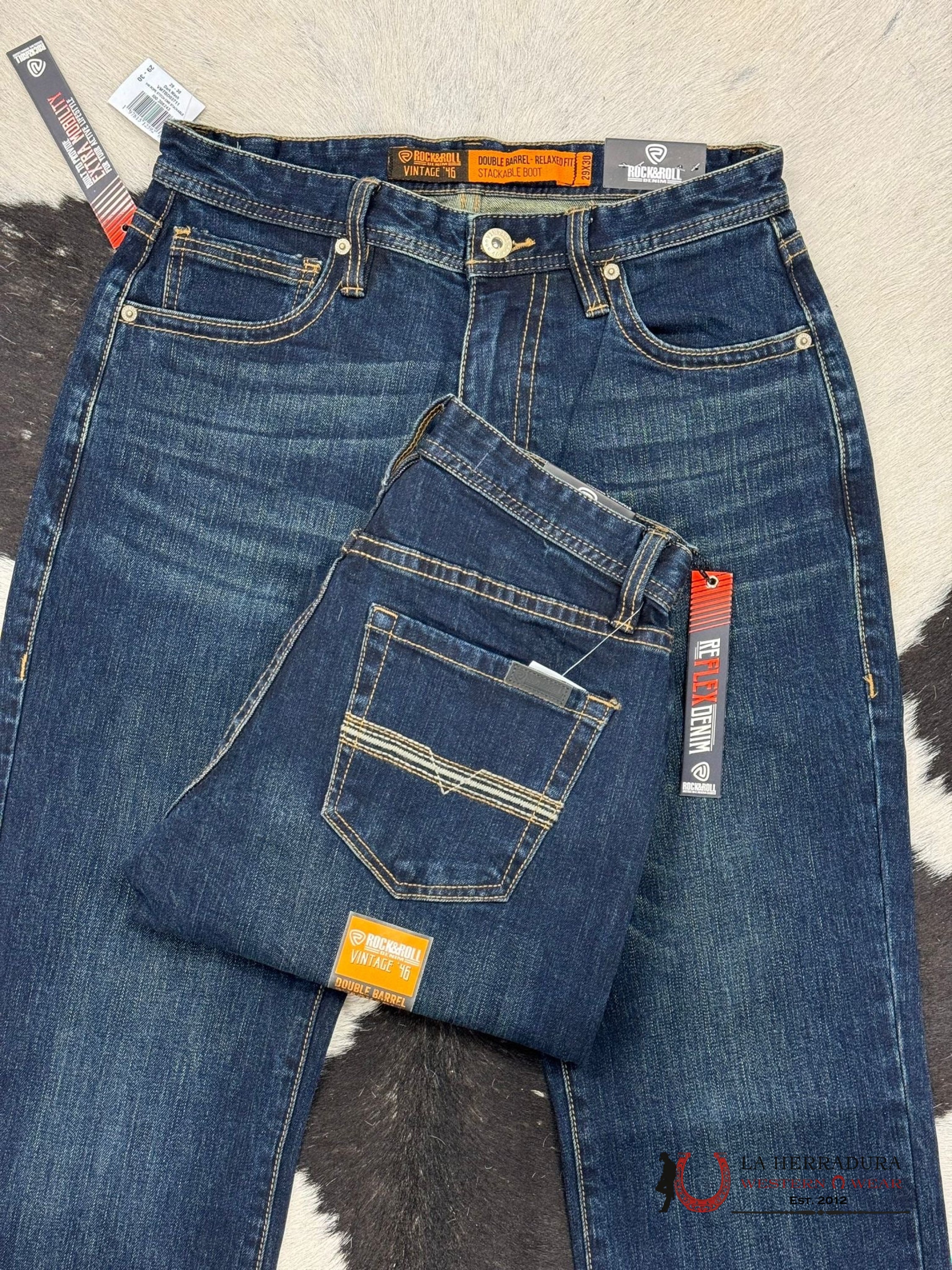 Rock&Roll Denim Dark Wash V46 Rope Stitch Embroidered Double Barrel Stackable Relaxed Fir Bootcut