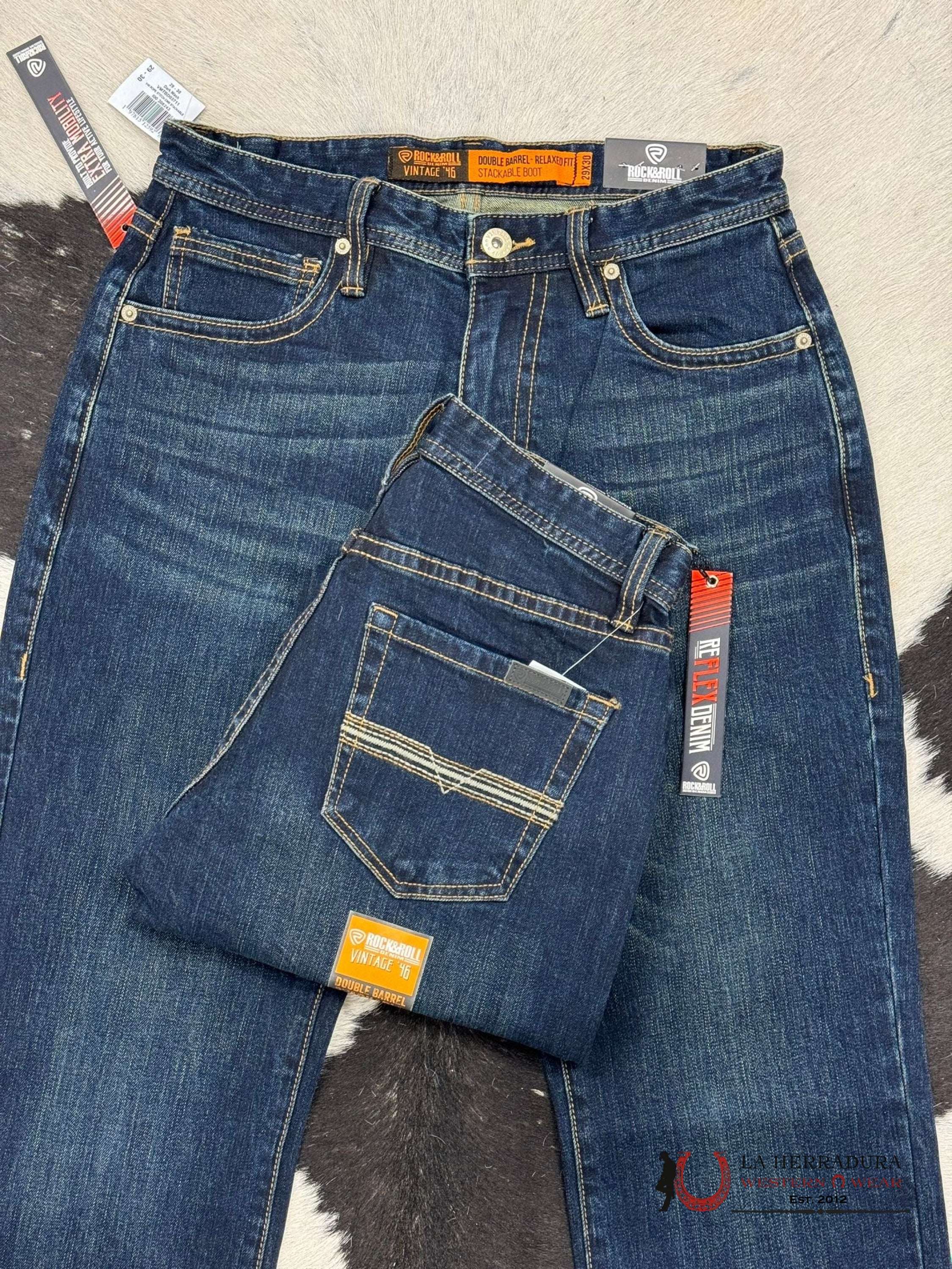 Rock&Roll Denim Dark Wash V46 Rope Stitch Embroidered Double Barrel Stackable Relaxed Fir Bootcut