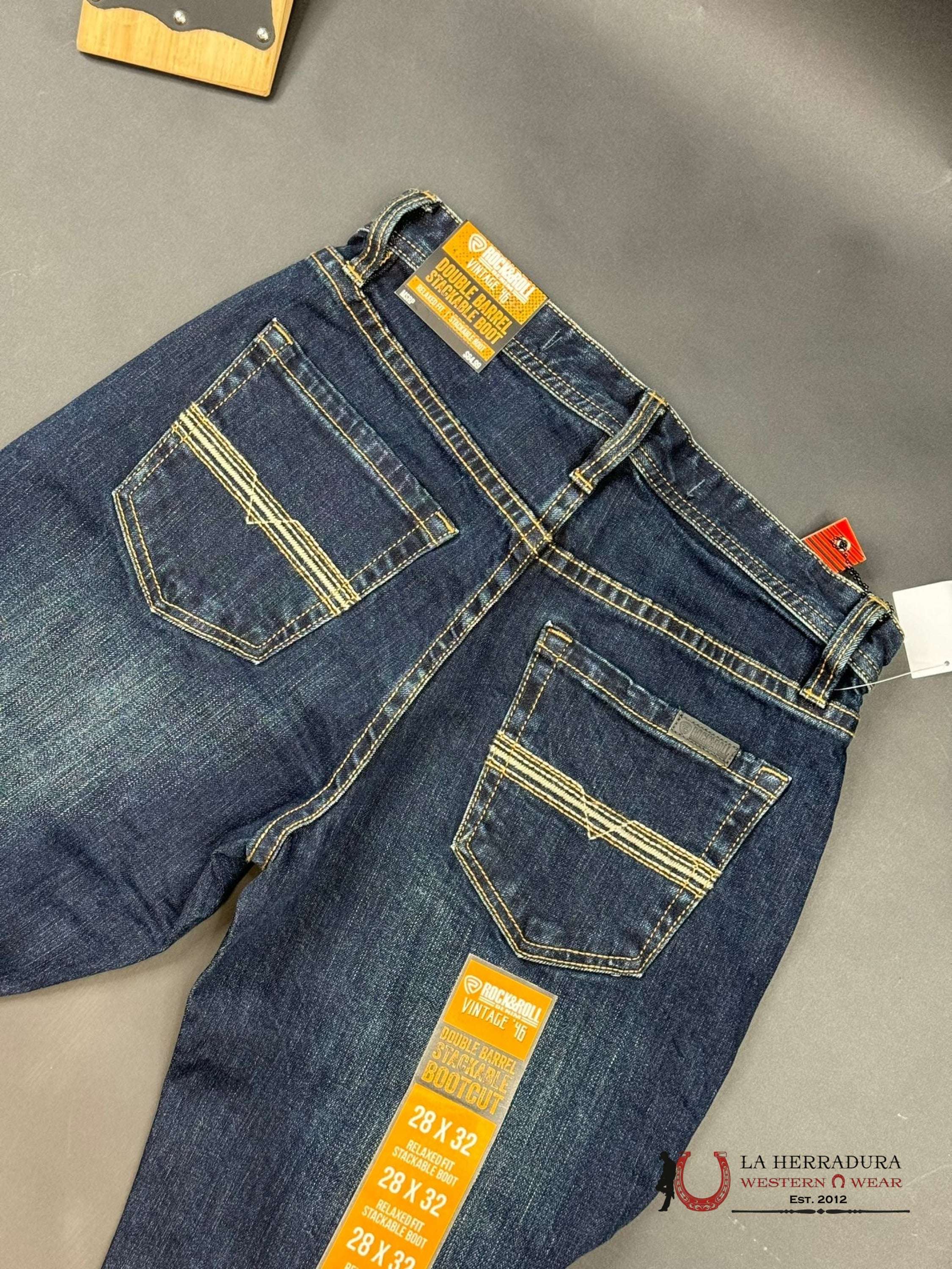 Rock&Roll Denim Dark Wash V46 Rope Stitch Embroidered Double Barrel Stackable Relaxed Fir Bootcut