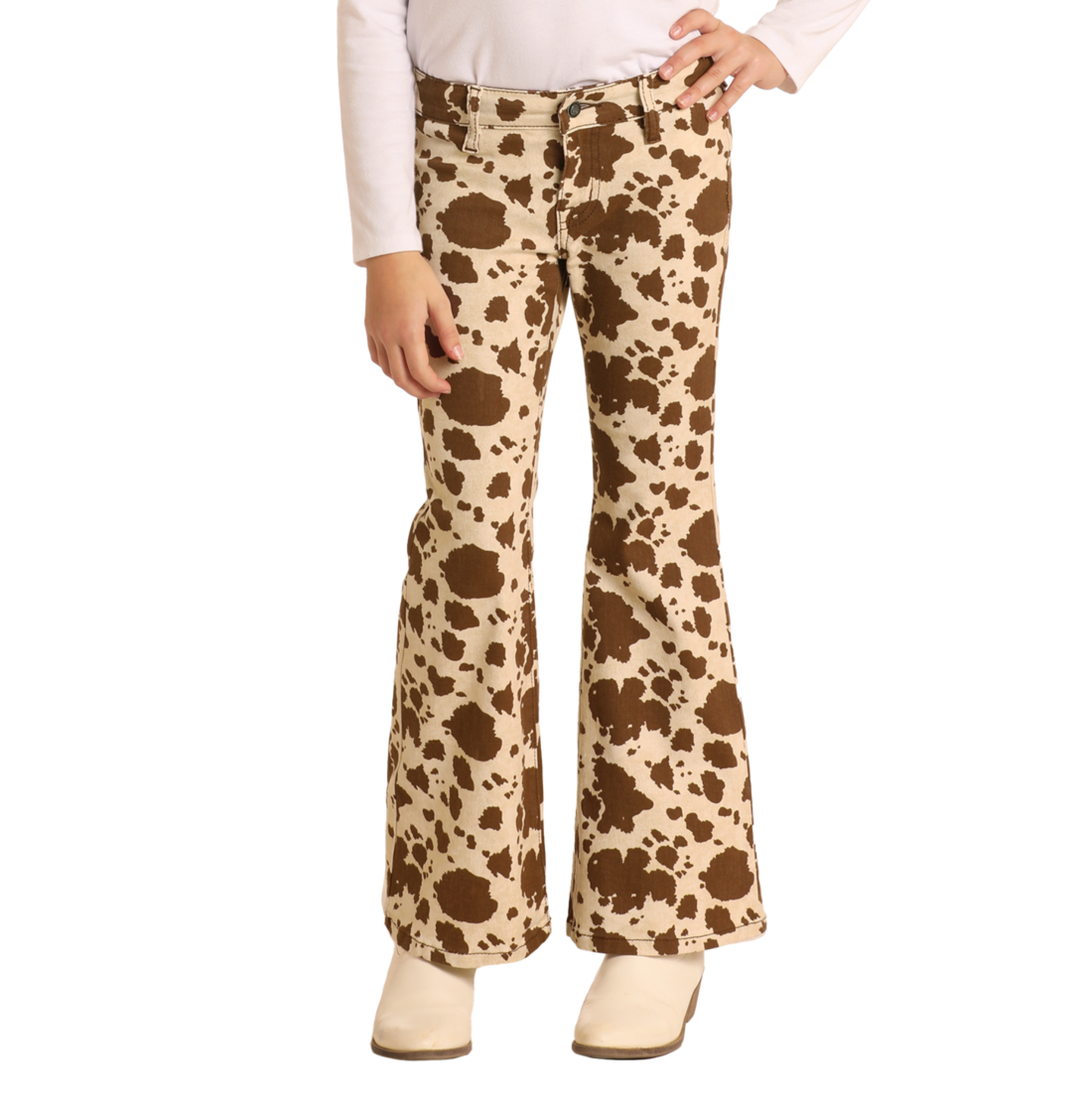 Rock & Roll Denim Girl’s Oatmeal Chocolate Cow Print Flare Leg Jeans Niños