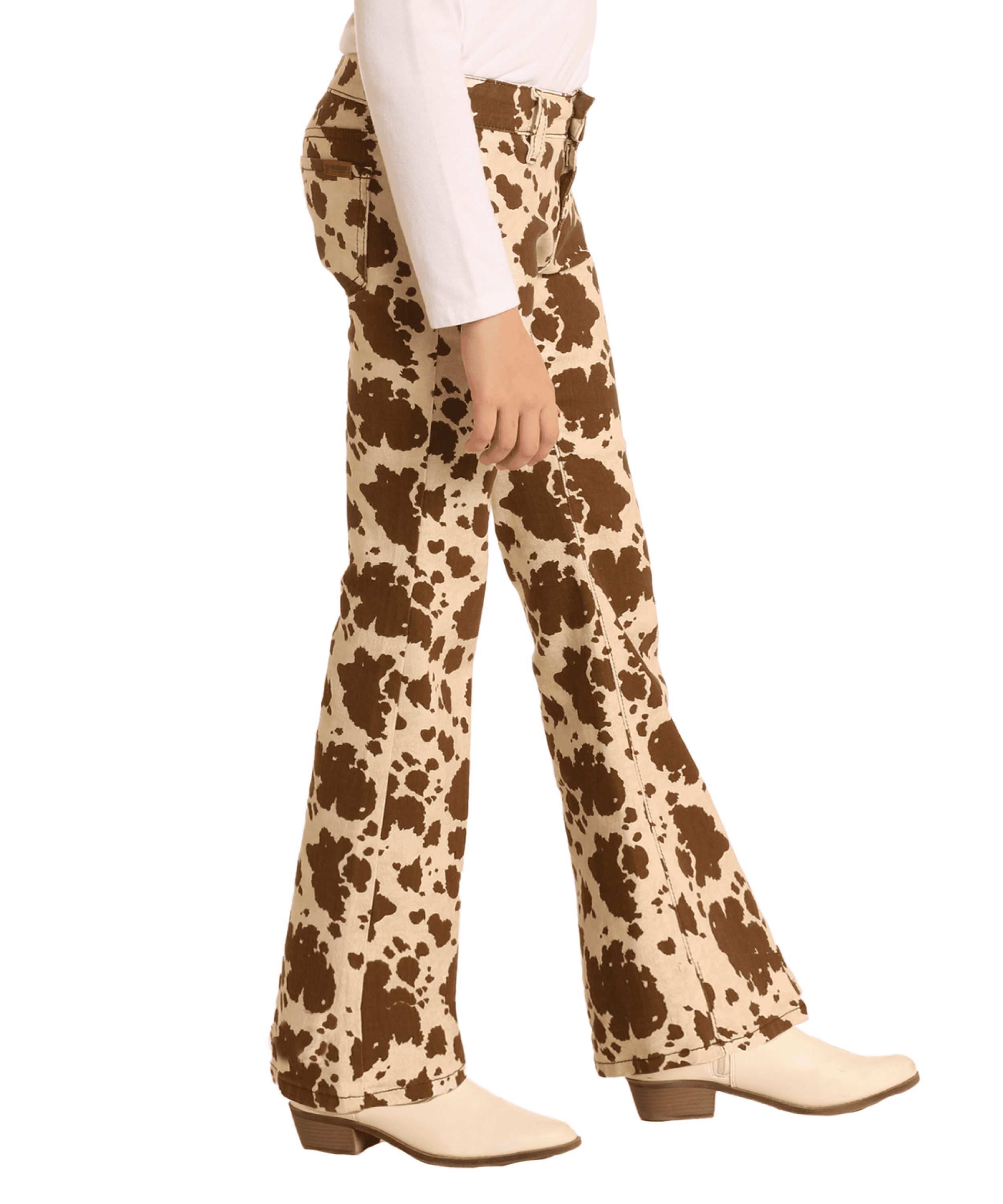Rock & Roll Denim Girl’s Oatmeal Chocolate Cow Print Flare Leg Jeans Niños