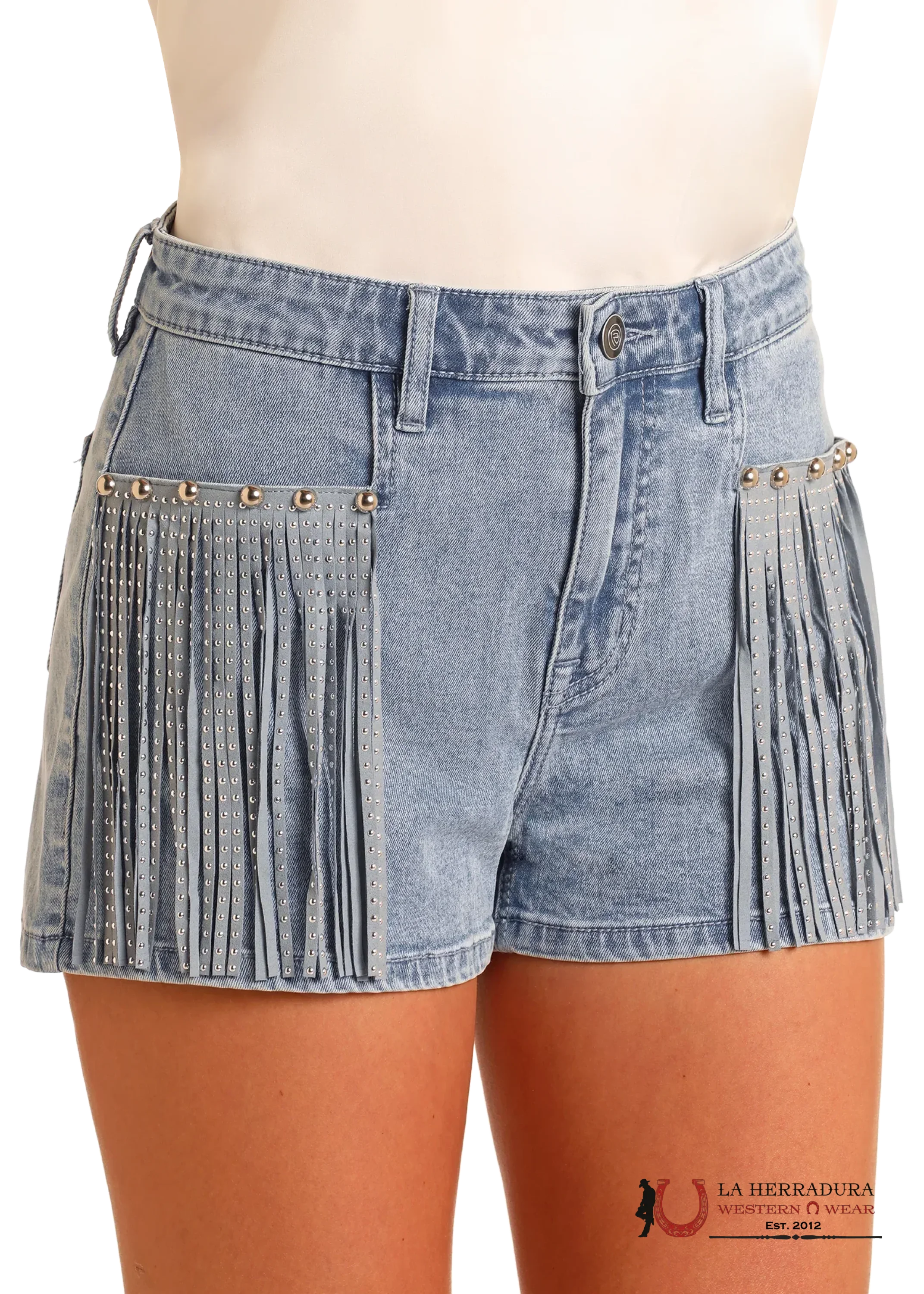 Rock&Roll EXTRA STRETCH STUDDED FRINGE LIGHT WASHED SHORTS - 6093 ROPA MUJERES