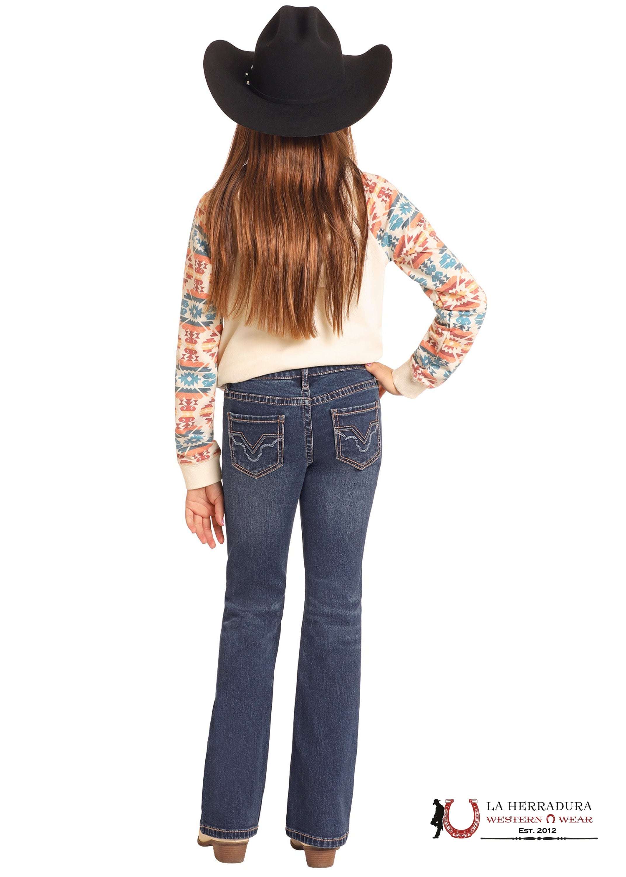 ROCK&ROLL GIRLS RAISED DENIM EMB MID RISE BOOTCUT JEANS DARK WASH BG4MD04917 NIÑOS