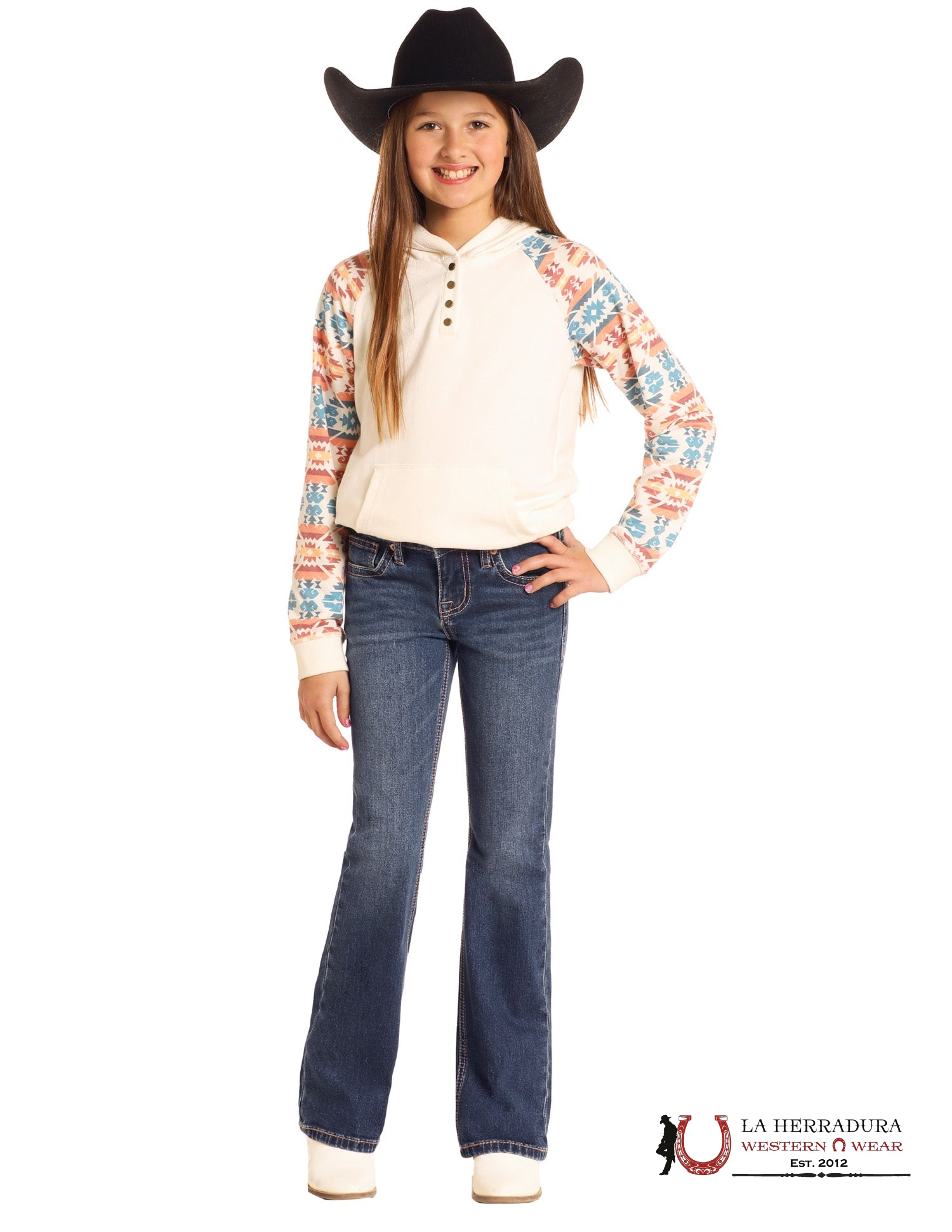 ROCK&ROLL GIRLS RAISED DENIM EMB MID RISE BOOTCUT JEANS DARK WASH BG4MD04917 NIÑOS