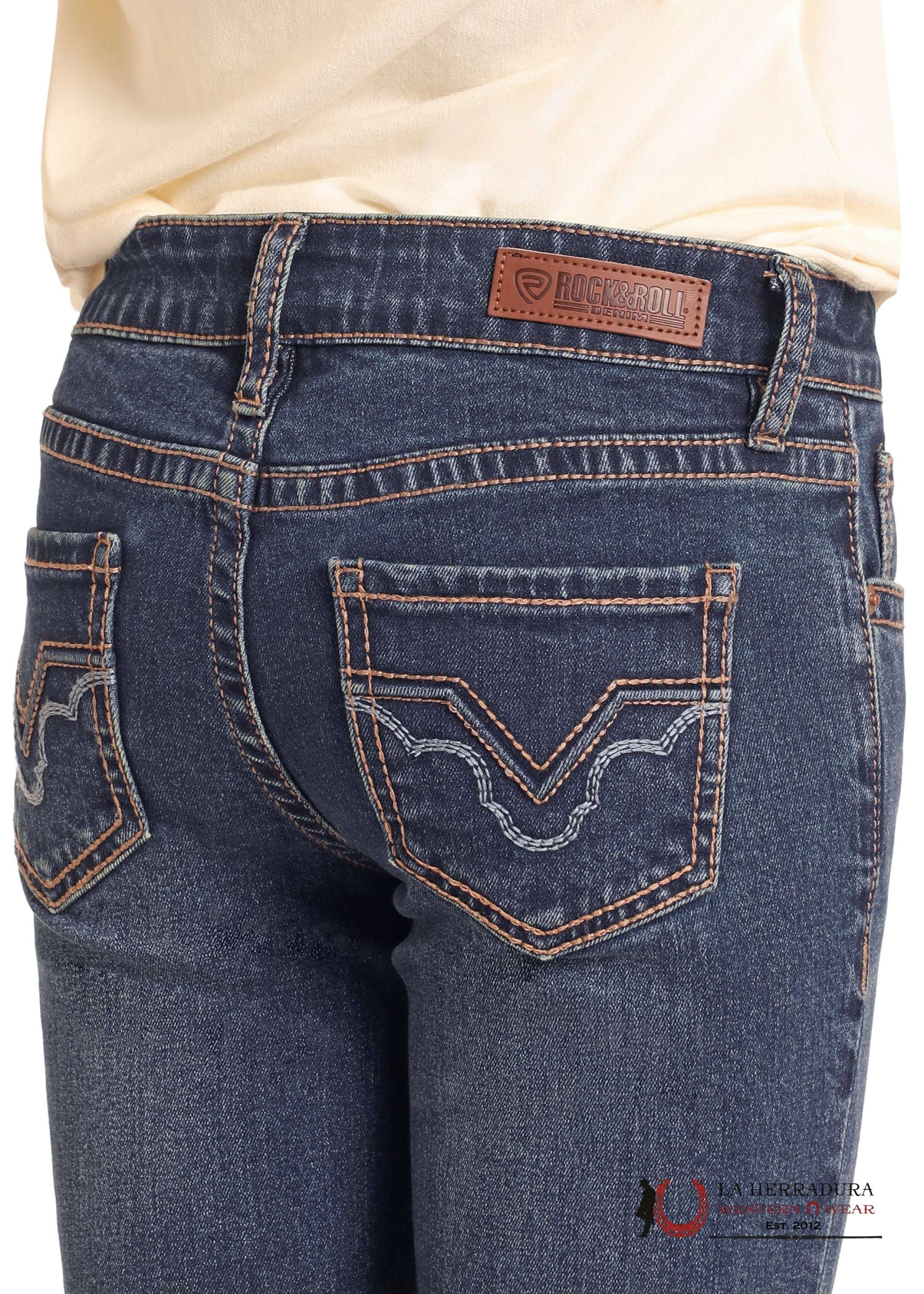 ROCK&ROLL GIRLS RAISED DENIM EMB MID RISE BOOTCUT JEANS DARK WASH BG4MD04917 NIÑOS