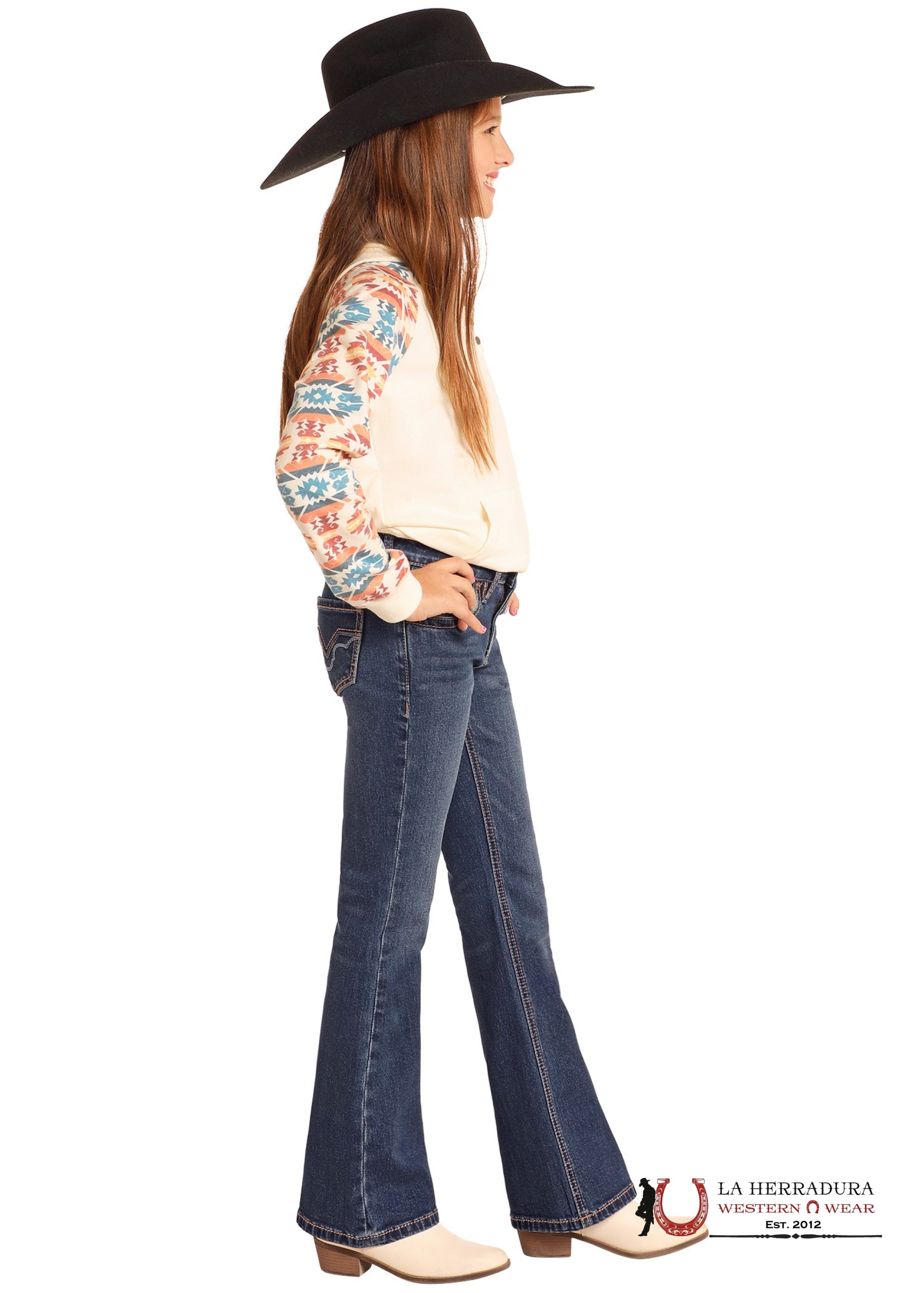 ROCK&ROLL GIRLS RAISED DENIM EMB MID RISE BOOTCUT JEANS DARK WASH BG4MD04917 NIÑOS