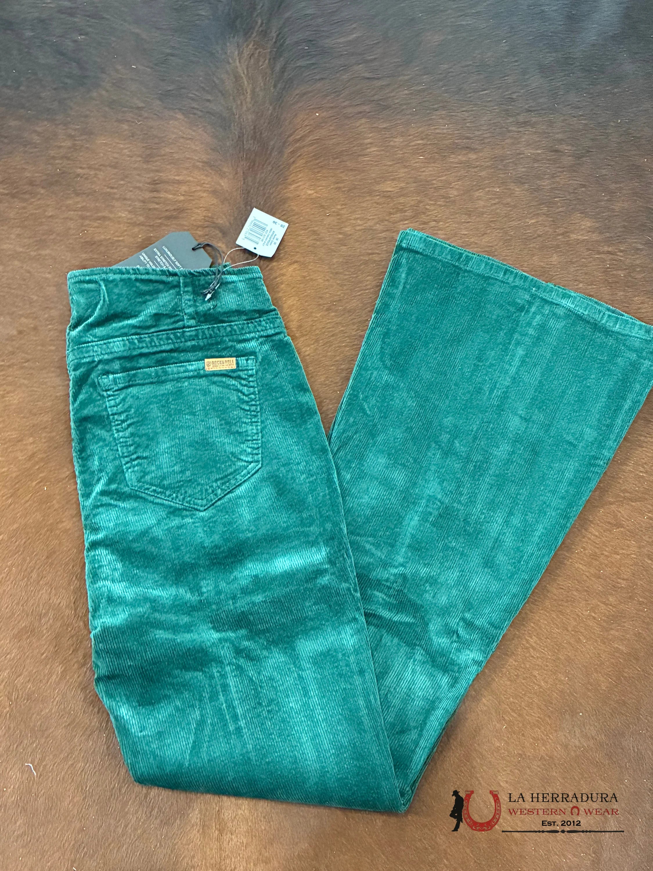 ROCK&ROLL HUNTER GREEN CORDUROY BUTTON FLARE- RRWD6PR0GE ROCK&ROLL JEANS WOMEN