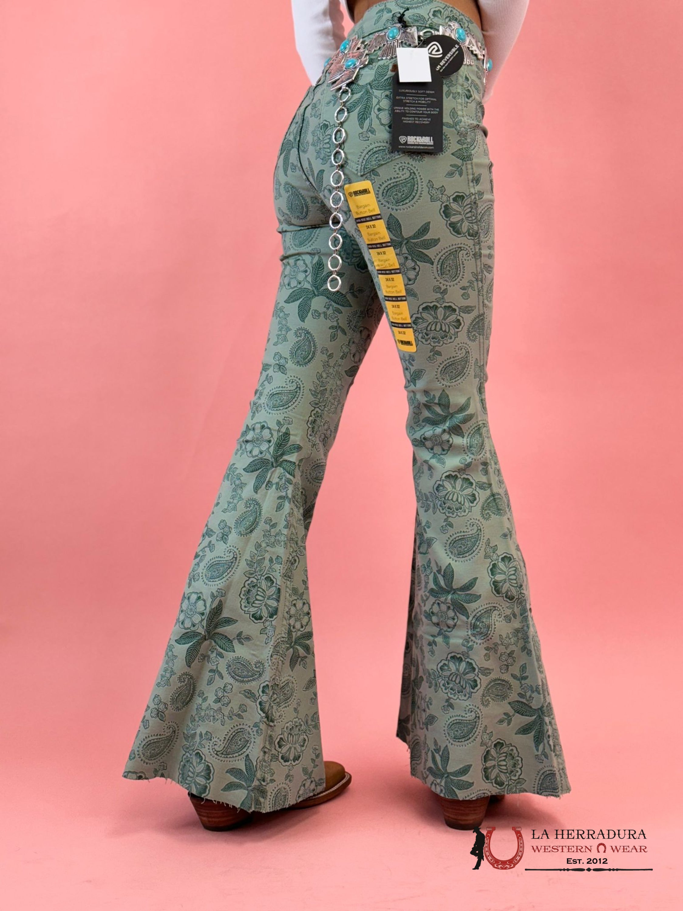 Rock&Roll Jade Green Flower Print Bell Bottom Jeans Women